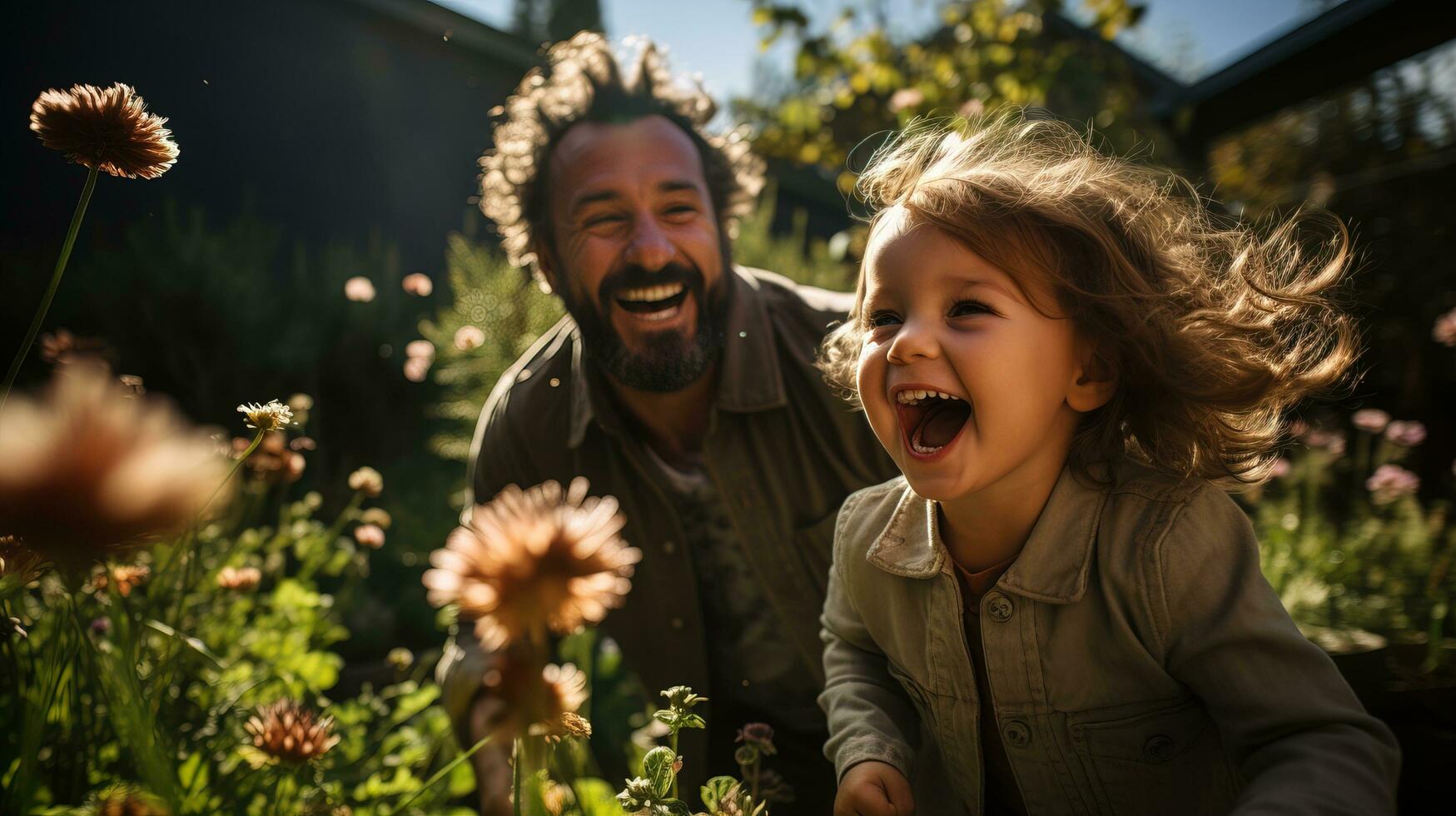 ai generiert im ein Blühen Garten, das Vater Theaterstücke seine Tochter fröhlich. generativ ai foto