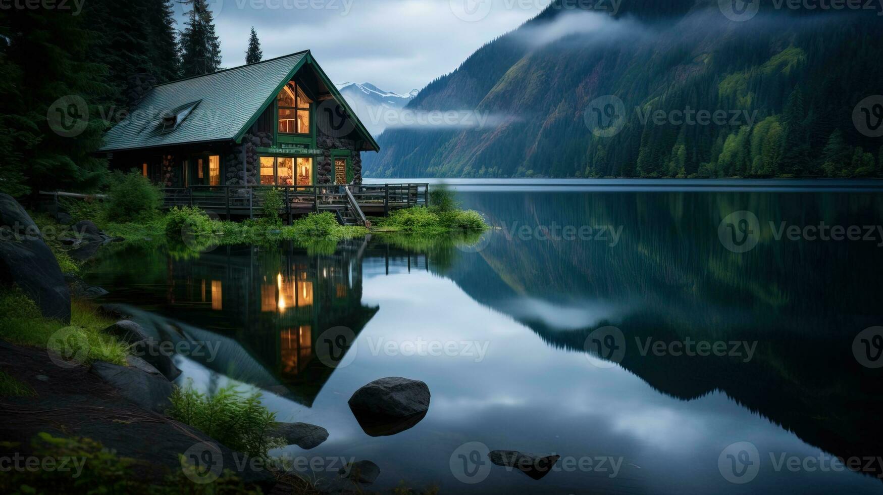 ai generiert friedlich Hütte im Wald durch das See. generativ ai foto