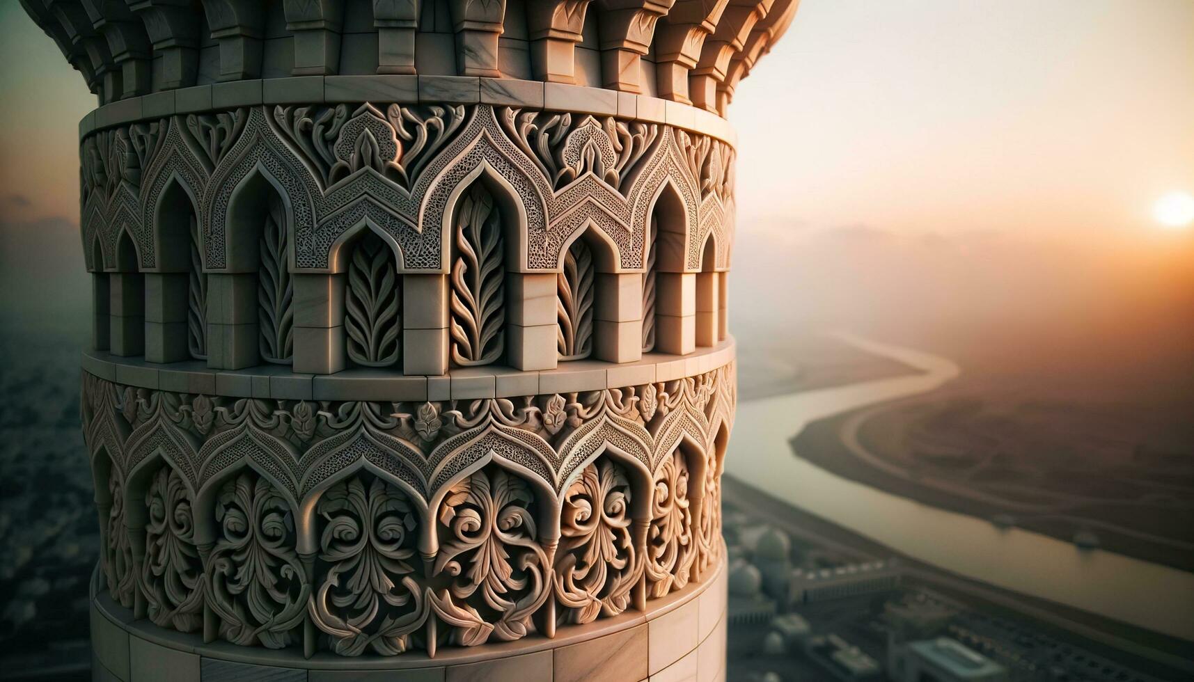 ai generiert Bild zeigen kompliziert Einzelheiten von ein Moschee Minarett beleuchtet durch das Rahmen Sonne. generativ ai foto