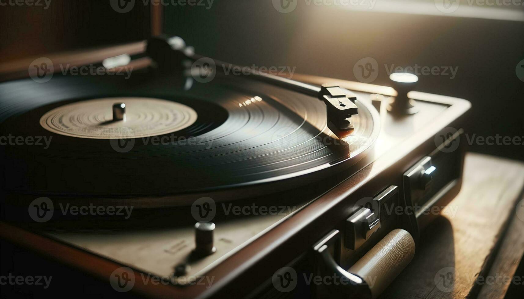 ai generiert ein alt Aufzeichnung Spieler Spinnen ein Jahrgang Vinyl im Sanft Licht. generativ ai foto