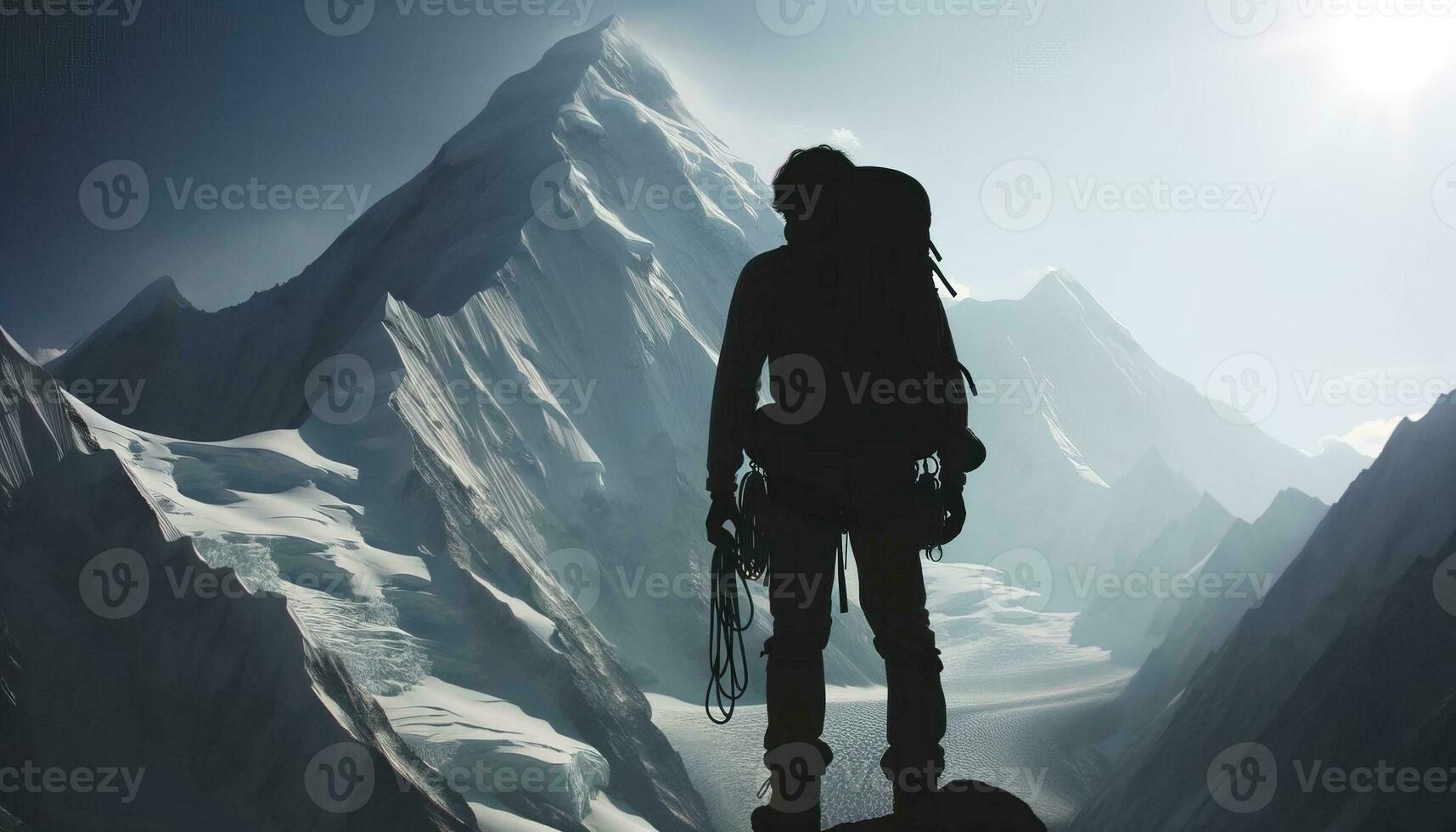 ai generiert Bild von ein Bergsteiger im Vorderseite von ein hoch schneebedeckt Gipfel. generativ ai foto