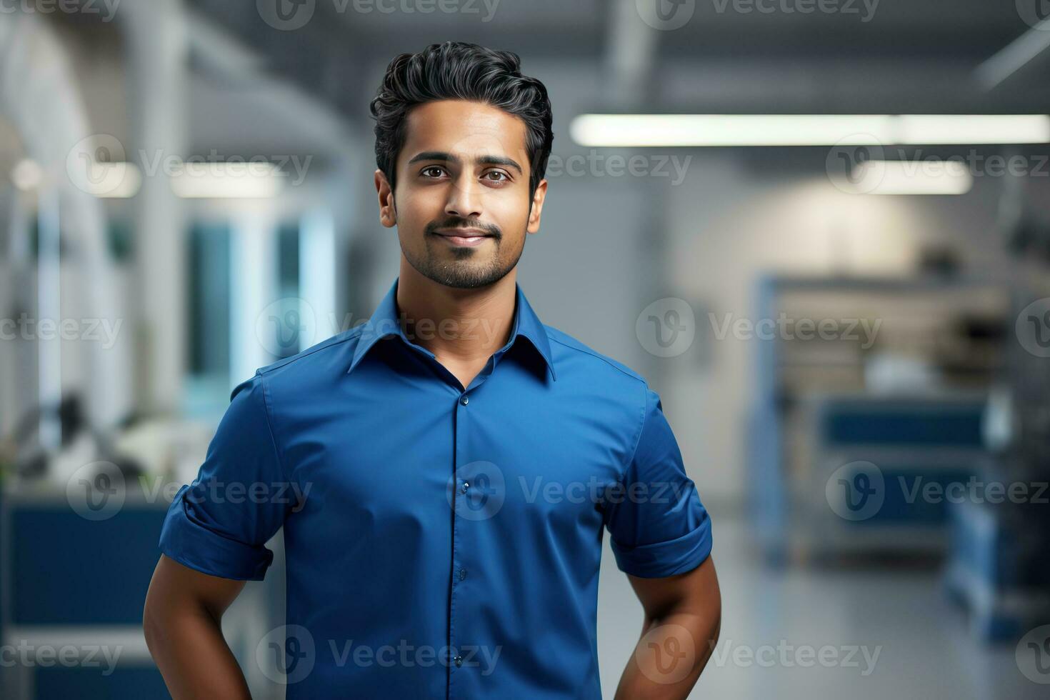 ai generiert ein jung indisch männlich Designer, Ingenieur, Architekt Wer ist tragen Brille und ein Blau Hemd lächelnd Stehen im das Büro und suchen beim das Kamera foto