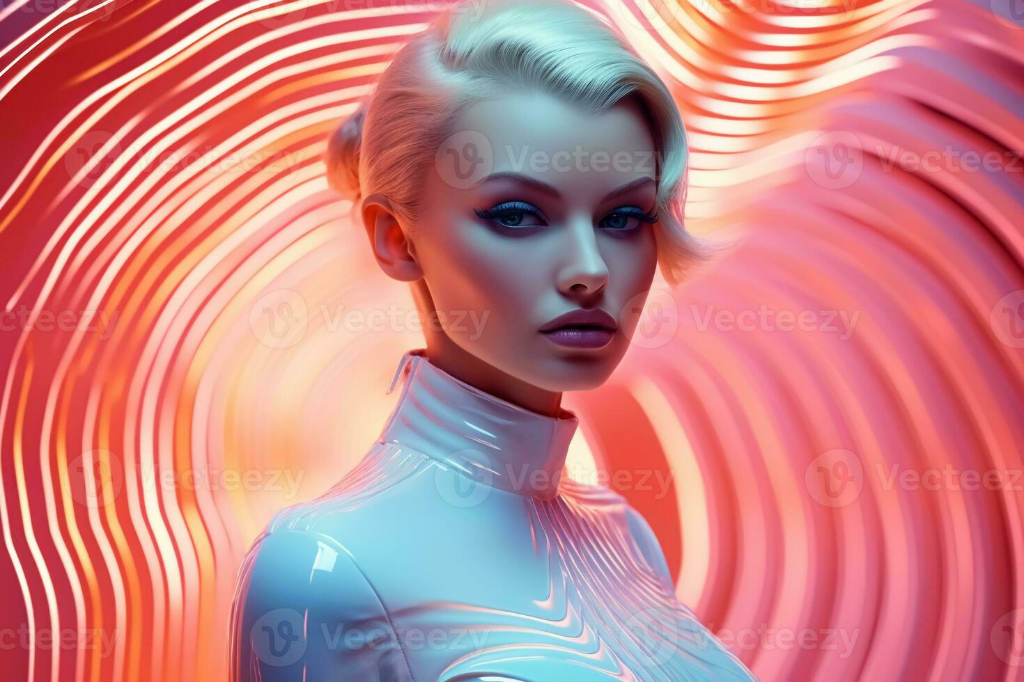 ai generiert Porträt von schön jung Frau auf futuristisch und Mode Stil auf Neon- beleuchtet verschwommen Hintergrund. Sci-Fi Cyberpunk Mädchen. Konzept von virtuell Wirklichkeit und Hightech foto