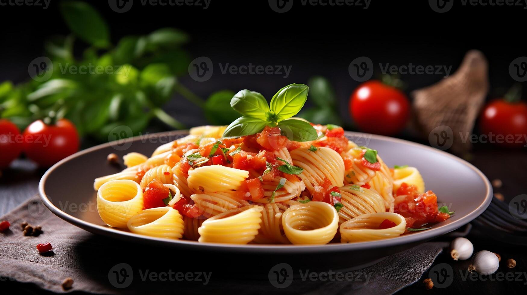 ai generiert Pasta mit Tomaten und Basilikum auf ein Teller foto