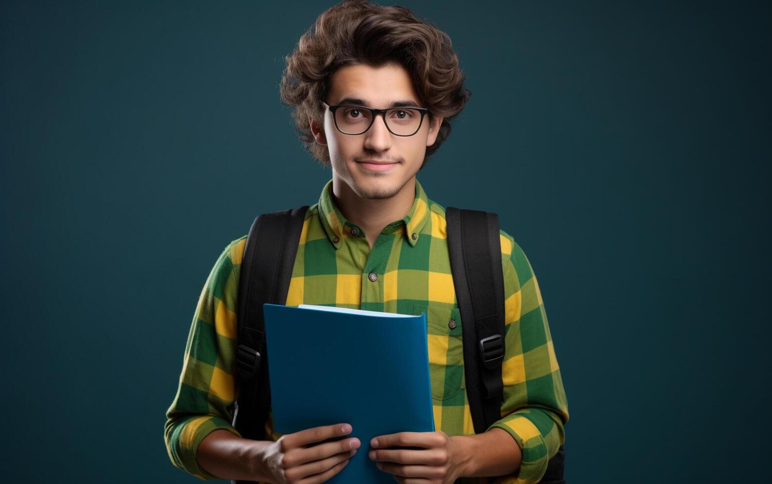 ai generiert Schüler lächelnd mit Schule Tasche und Notizbuch foto