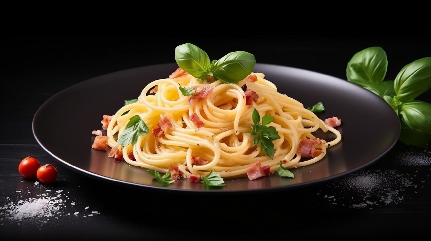 ai generiert Pasta mit Tomate Soße und Basilikum Blätter auf ein schwarz Hintergrund foto