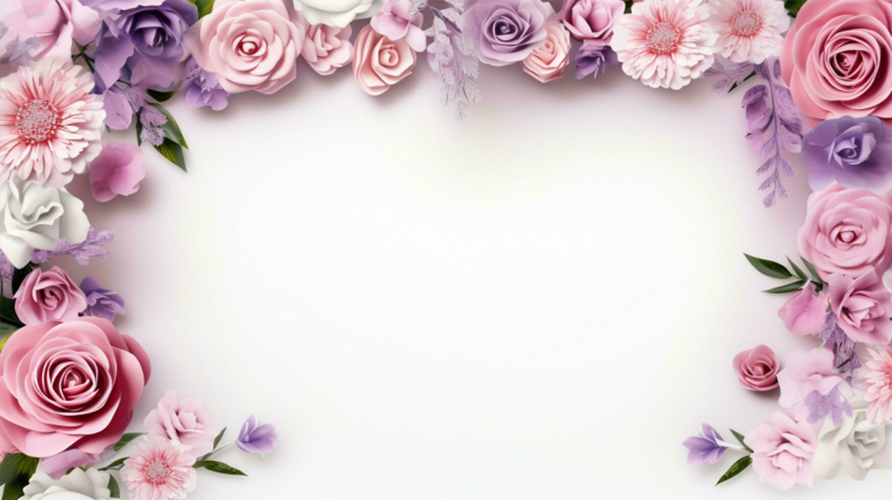 ai generiert ein Weiß Hintergrund mit Rosa Blumen und Blätter foto
