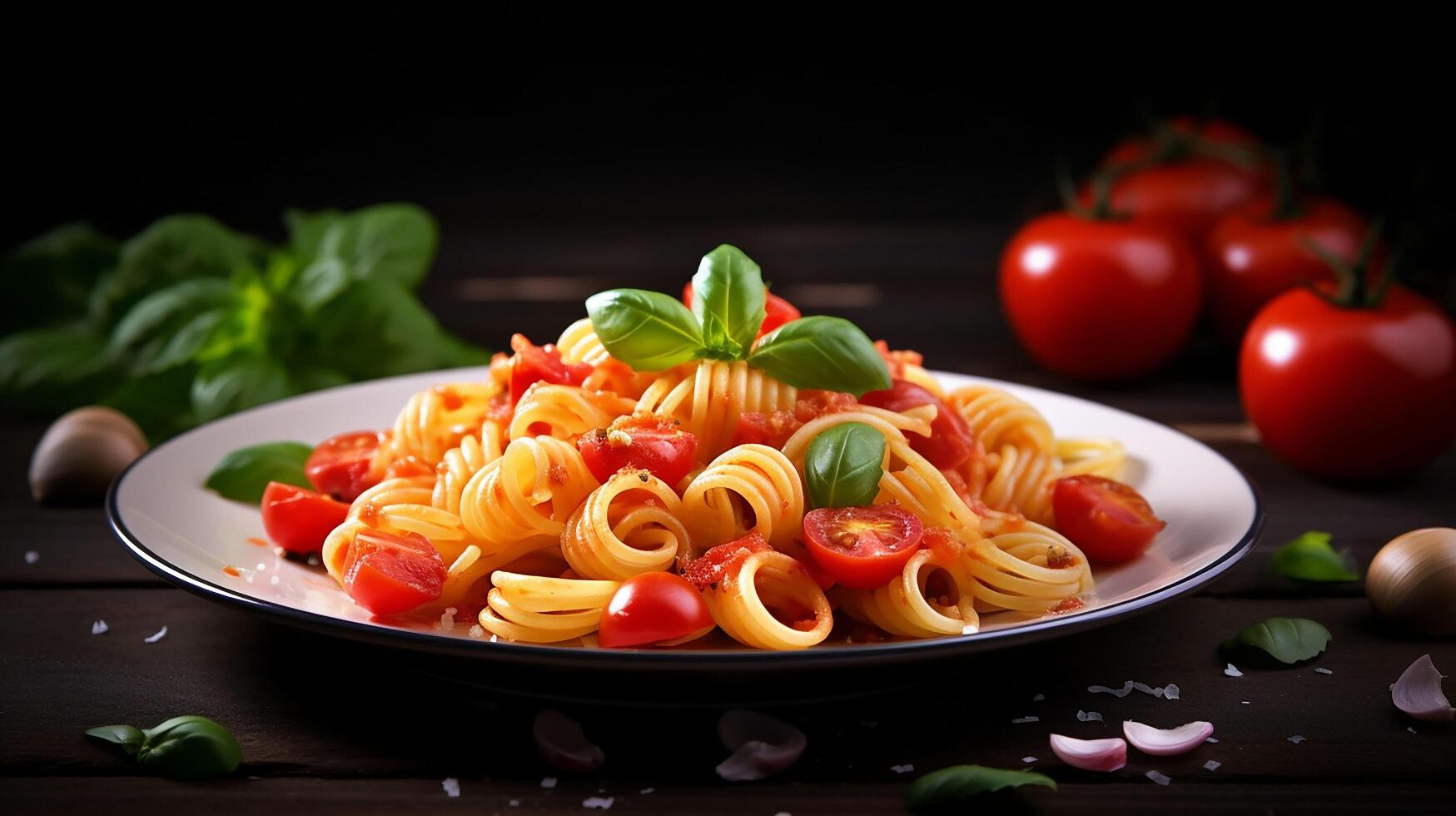 ai generiert Pasta mit Tomate Soße und Basilikum Blätter auf ein schwarz Hintergrund foto