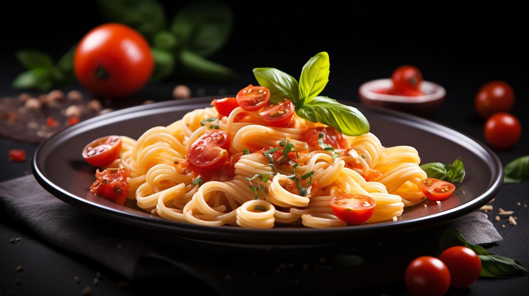ai generiert Pasta mit Tomate Soße und Basilikum Blätter auf ein schwarz Hintergrund foto