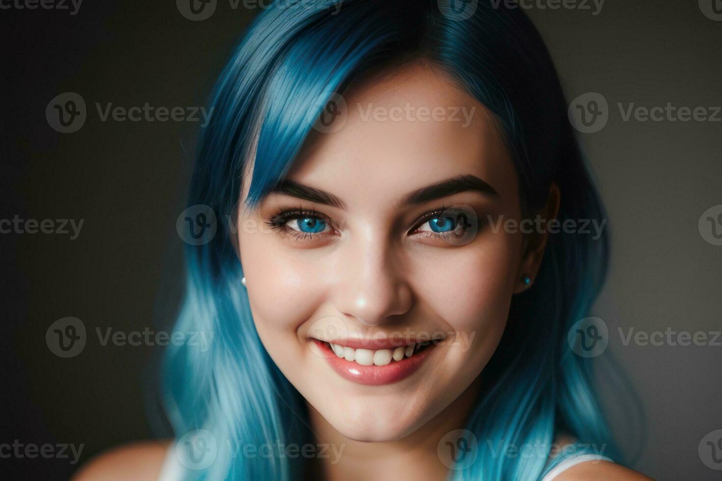ai generiert Porträt schön Blau Haar und Augen jung Modell- Frau mit Weiß Zähne lächeln, gesund lange Haar und Schönheit Haut. Konzept von Werbung Zahnarzt und Gesichts- Pflege. generativ ai foto