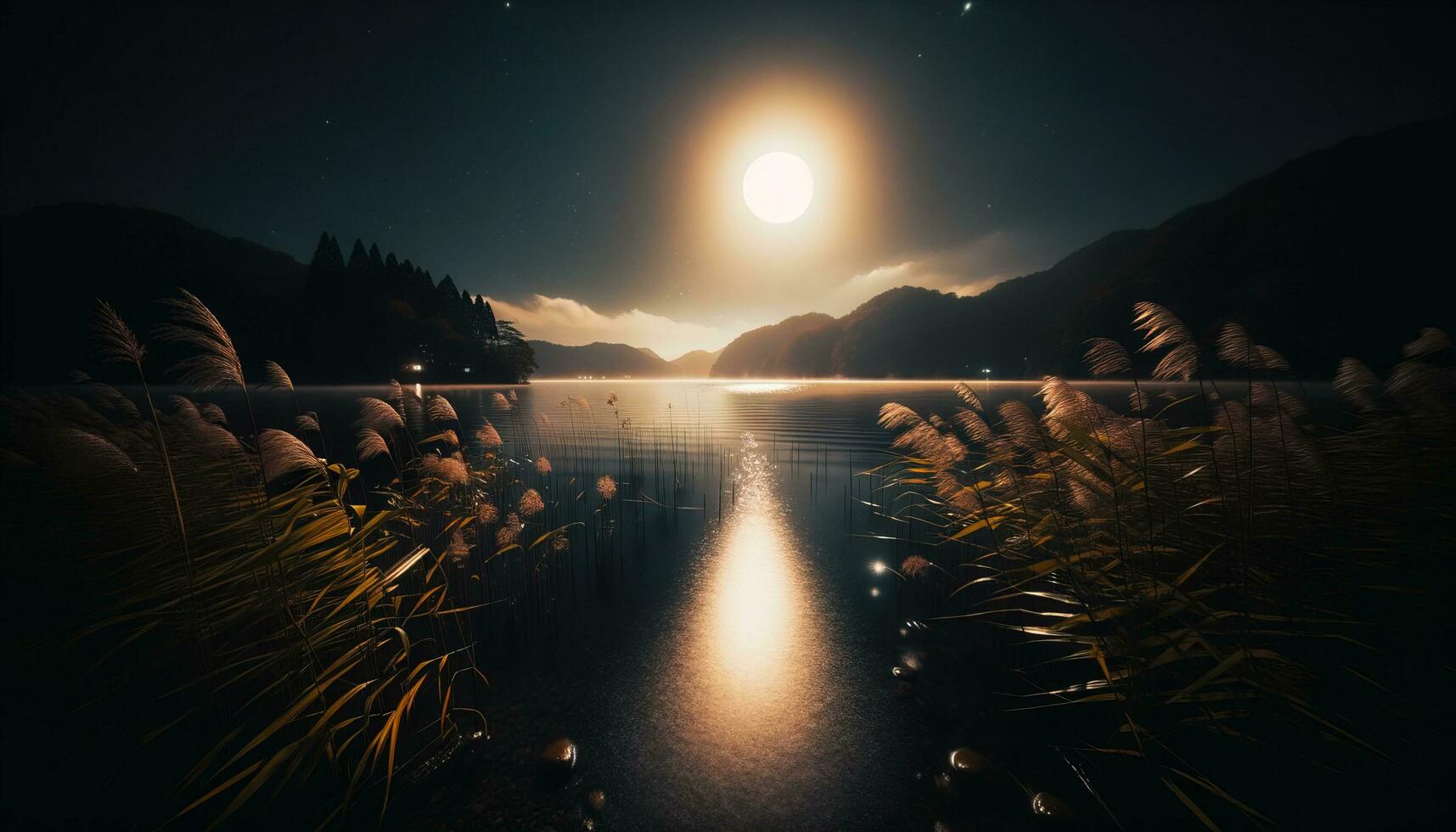 ai generiert ein still Nachtlandschaft beim das Kante von ein immer noch See, wo das Betrachtung von das Mond schafft ein faszinierend Pfad auf das Wasser. generativ ai foto