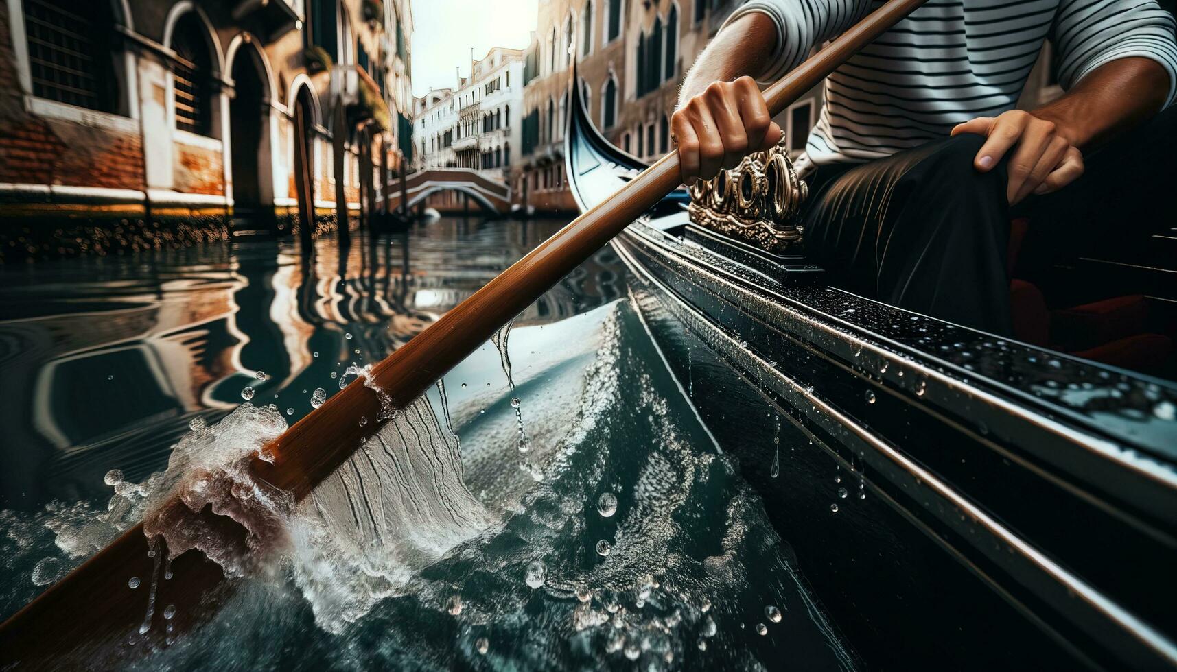 ai generiert ein Gondoliere zeigt an Passagiere um Venedig. generativ ai foto