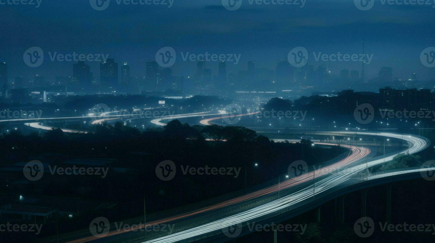 ai generiert Antenne Aussicht von ein Stadt beim Nacht, beleuchtet durch der Verkehr Beleuchtung. generativ ai foto