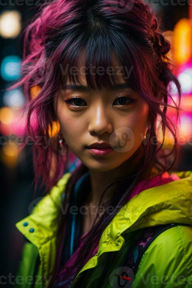 ai generiert jung Frau mit bunt Haar im Neon- Beleuchtung foto