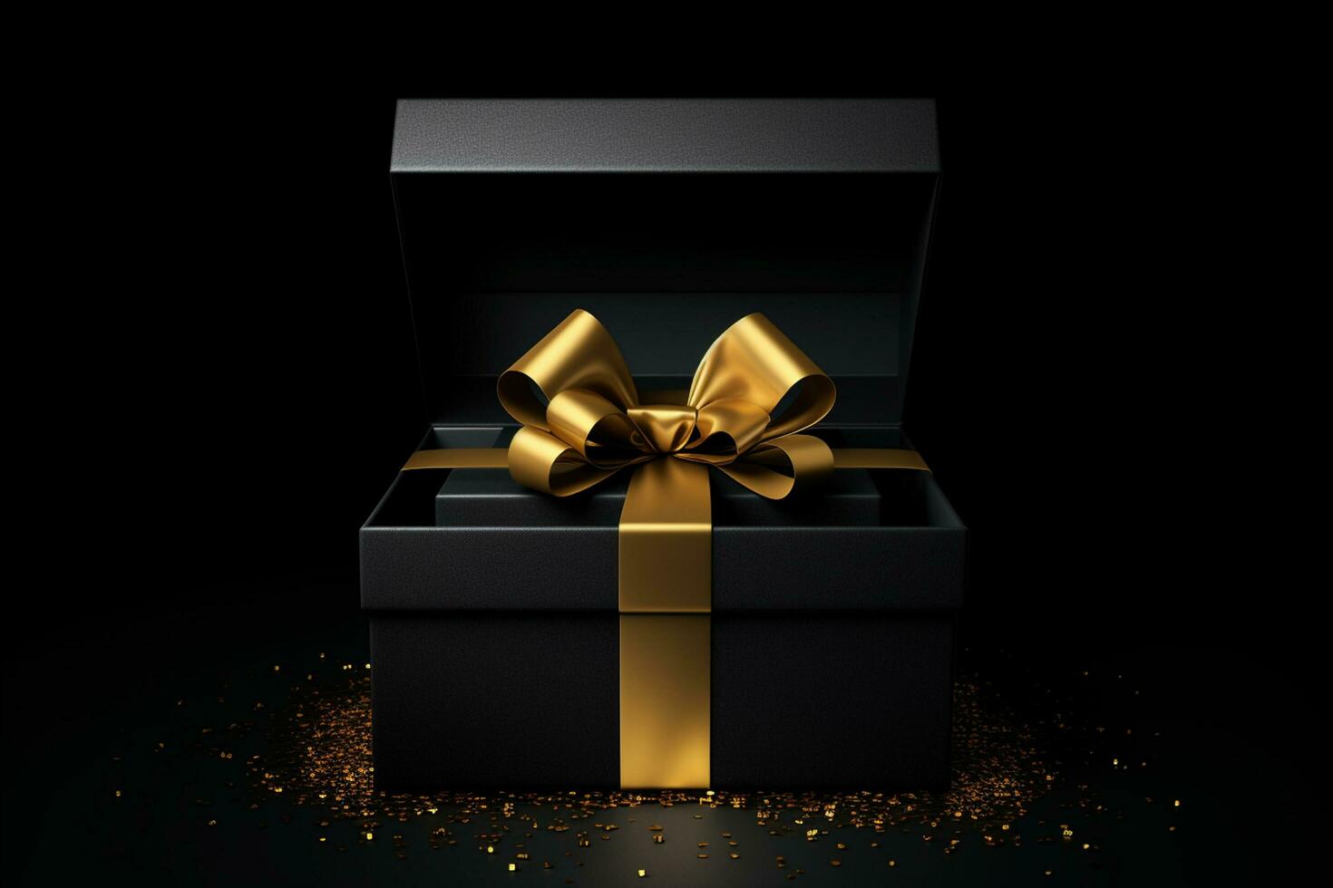 ai generiert schwarz Geschenk Box mit golden Bogen auf schwarz Hintergrund. 3d Rendern Valentinstag Tag generativ ai foto