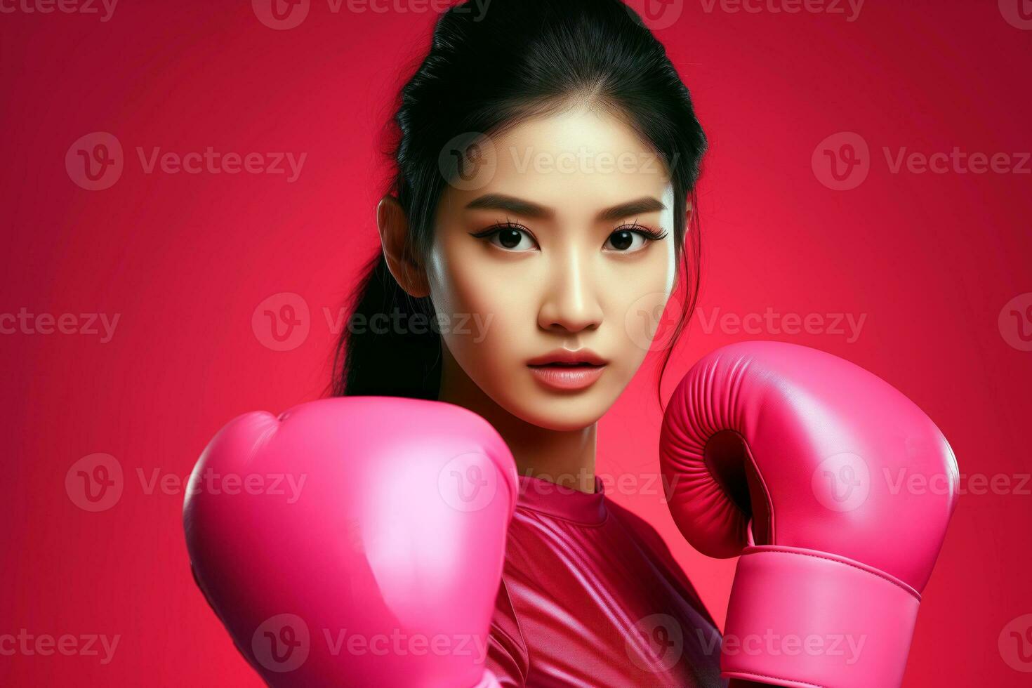 ai generiert asiatisch Mädchen mit Boxen Handschuhe Über Rosa Hintergrund. Brust Krebs Bewusstsein Monat Konzept mit Raum zum Text. foto