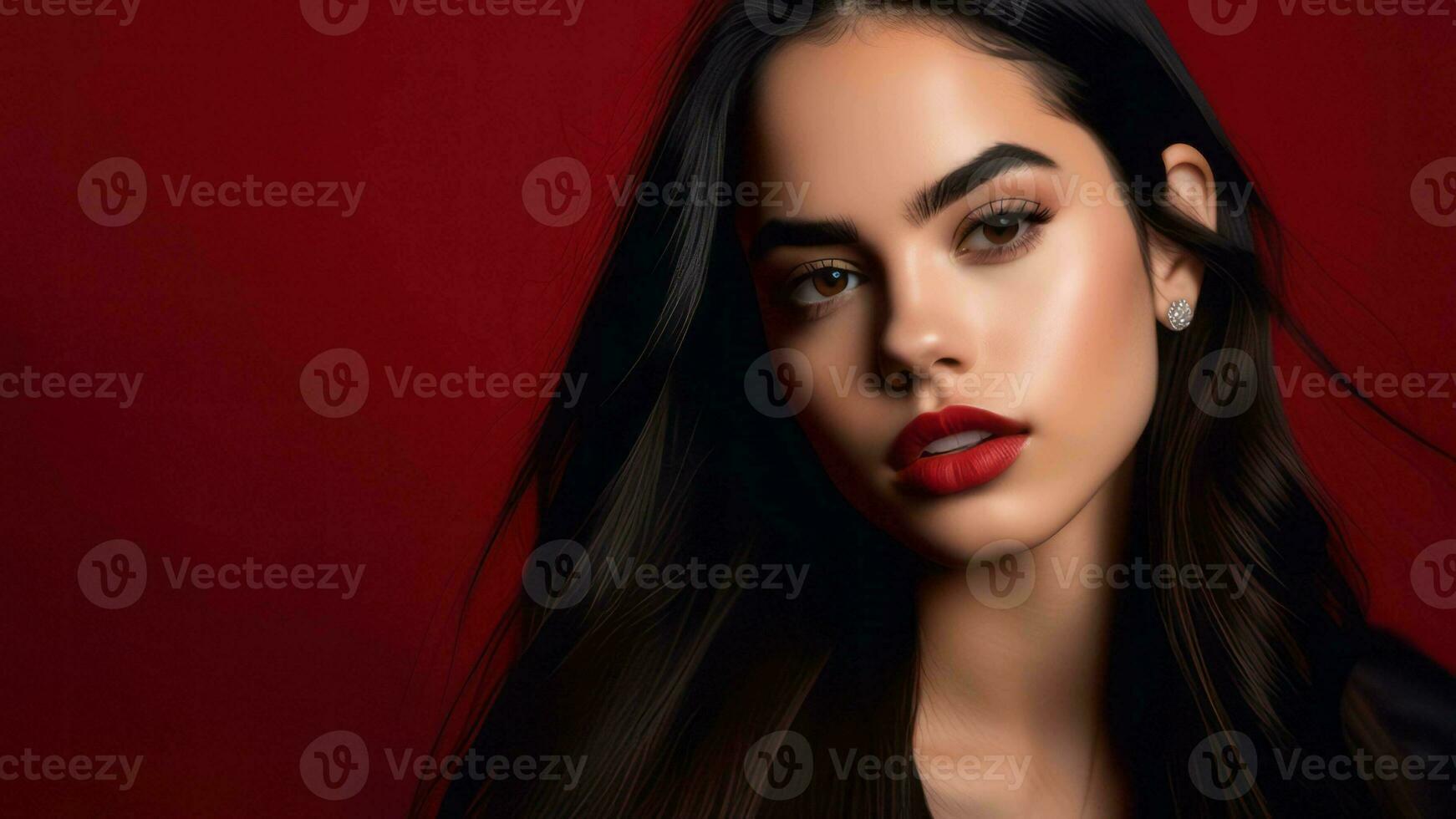 Studio Porträt von ein jung Teenager Mädchen mit rot Lippenstift auf ein rot Hintergrund, Mode Konzept, bilden und perfekt Haut, Babygesicht, Bild generiert durch ai foto