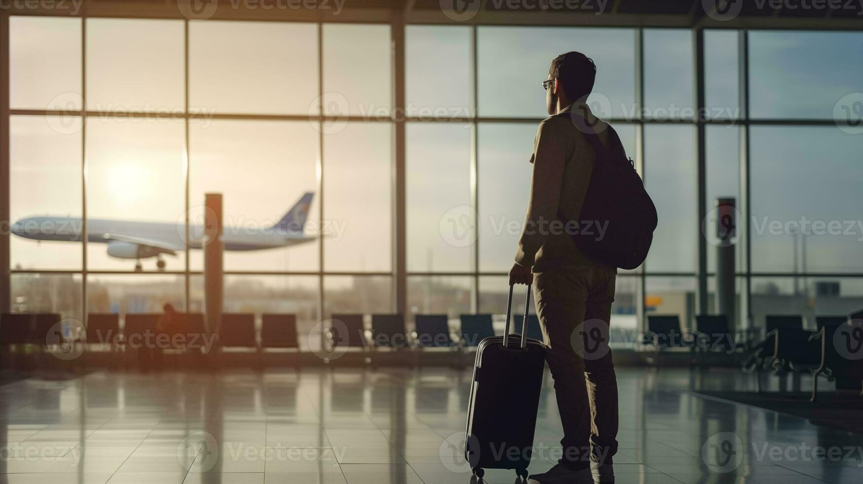 ai generiert Reisender Mann Stehen im Stehen beim das Flughafen Fenster beim Flughafen Terminal ai generativ foto
