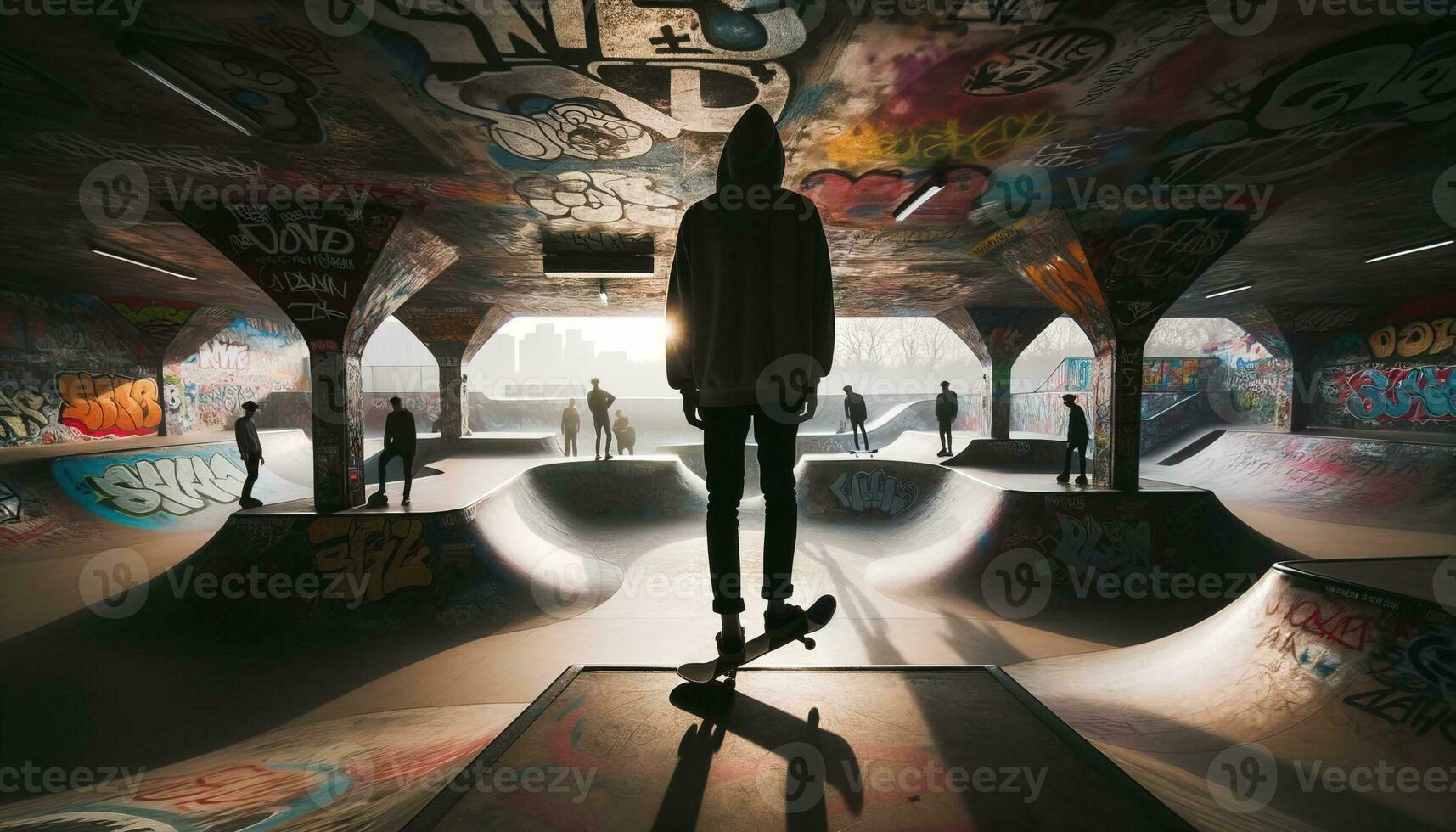 ai generiert ein Skateboardfahrer steht auf ein Rampe im ein Schlittschuh Park, bereit zu ausführen Tricks und Manöver. generativ ai foto