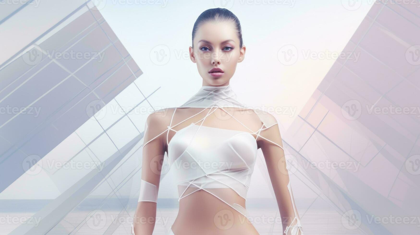 ein Frau im ein Weiß Kleid Stehen im ein futuristisch Einstellung, umgeben durch glatt die Architektur und fortgeschritten Technologie. generativ ai foto