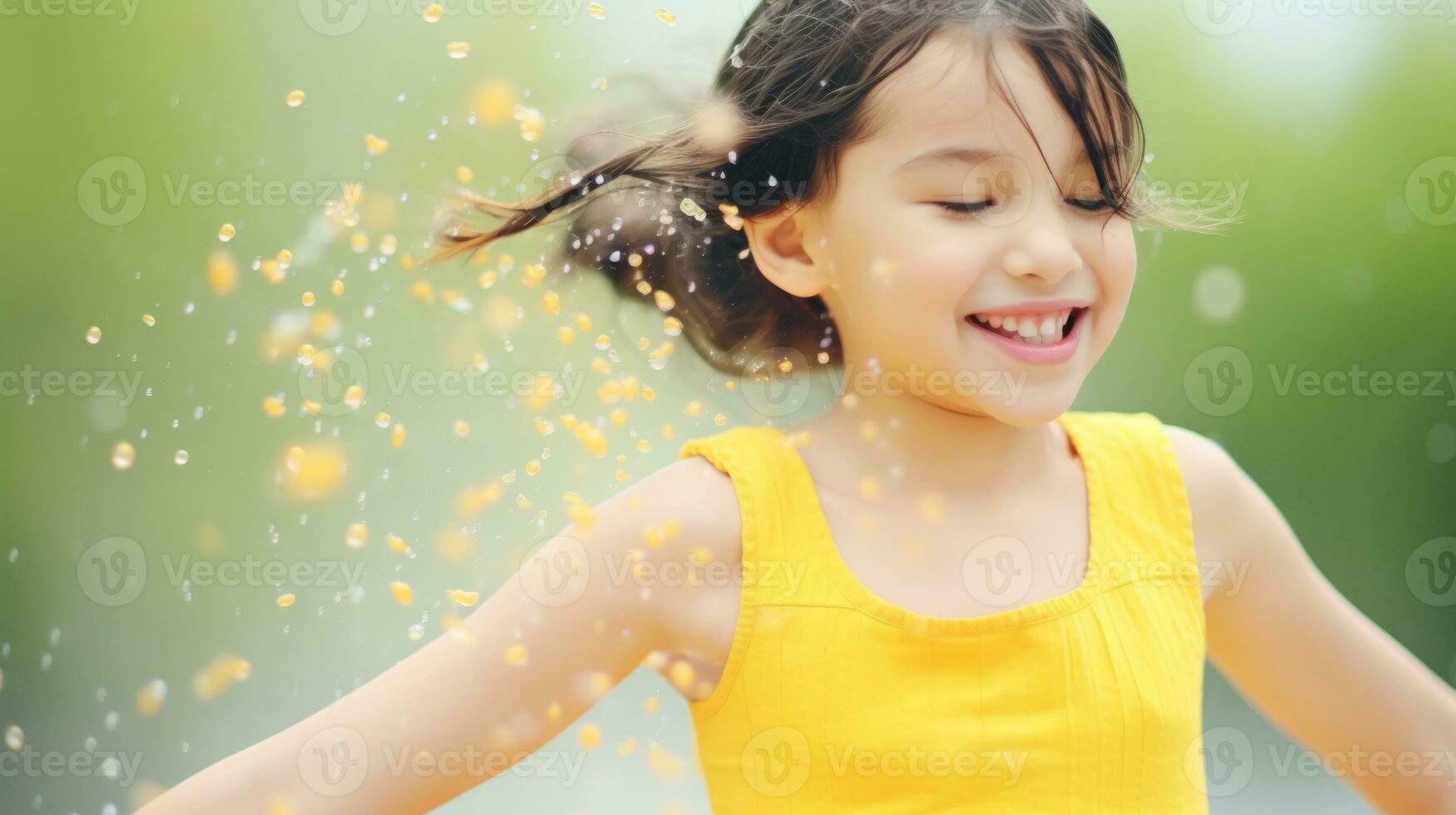 ai generiert jung Junge glücklich spielen mit Wasser im das Garten. generativ ai foto