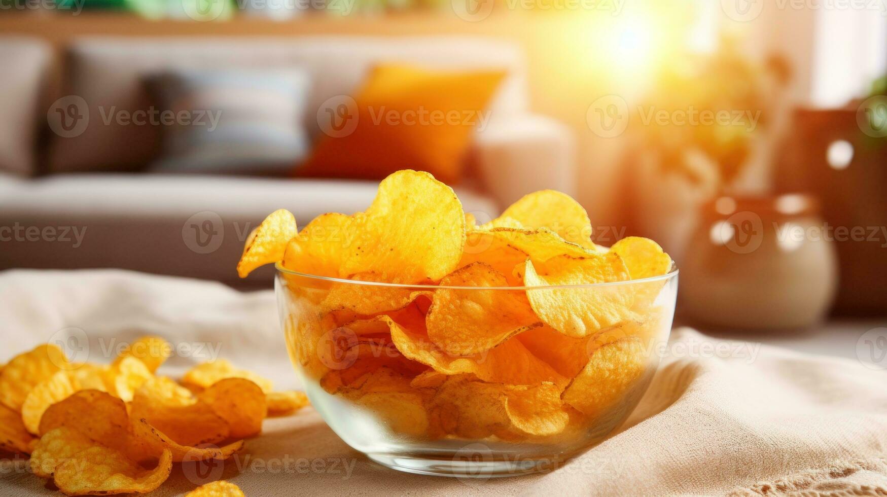 ai generiert Kartoffel Chips im ein Glas Schüssel auf ein Tabelle im das Leben Zimmer. generativ ai foto