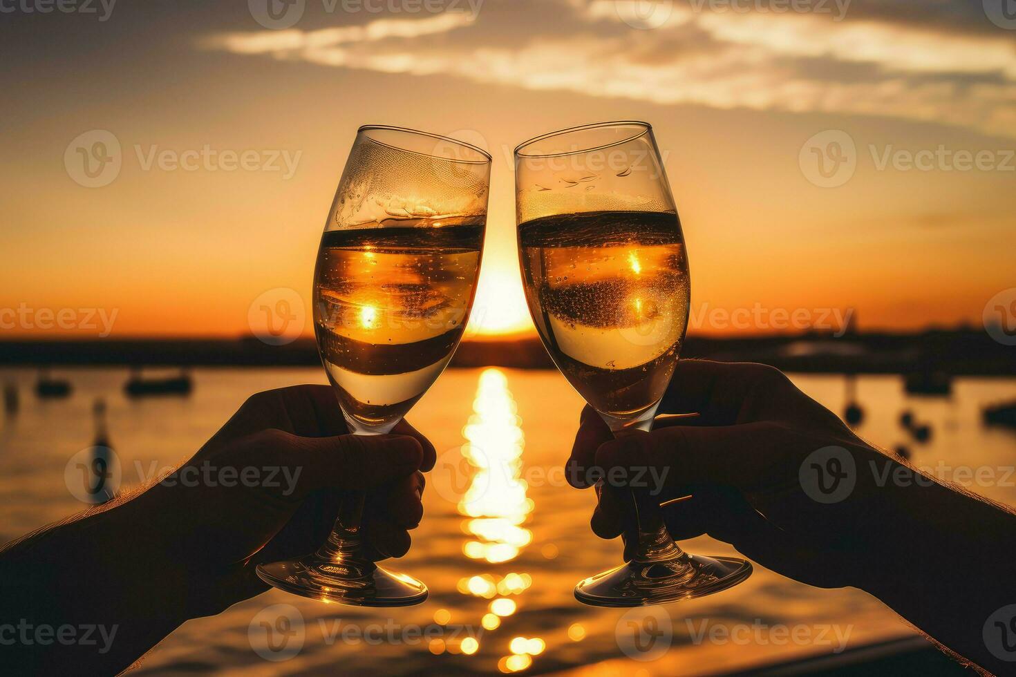 ai generiert festlich Hände halten Champagner Meer Strand. generieren ai foto