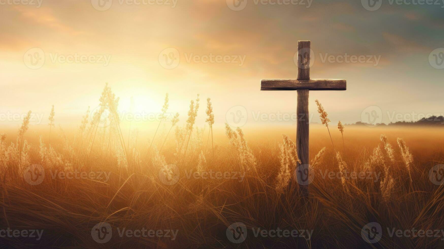 ai generiert Aufstieg Tag Konzept. das Kreuz auf Wiese Herbst Sonnenaufgang Hintergrund. foto
