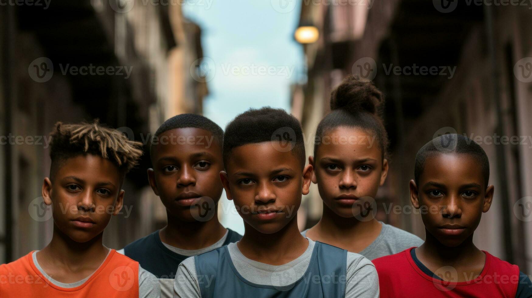 ai generiert ein Gruppe von jung schwarz Jungs Stehen im ein Gasse. generativ ai foto