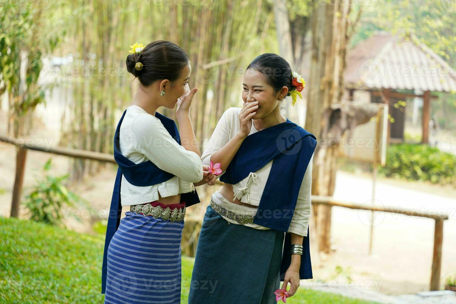 Nahansicht ein schön thailändisch jung Dame Ware thailändisch Nord traditionell Kleid chatten und Neckerei jeder andere auf verschwommen Hintergrund. foto