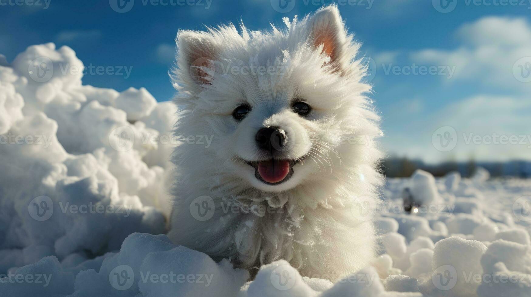 ai generiert flauschige Weiß Hündchen genießt ein schneebedeckt Winter Landschaft foto