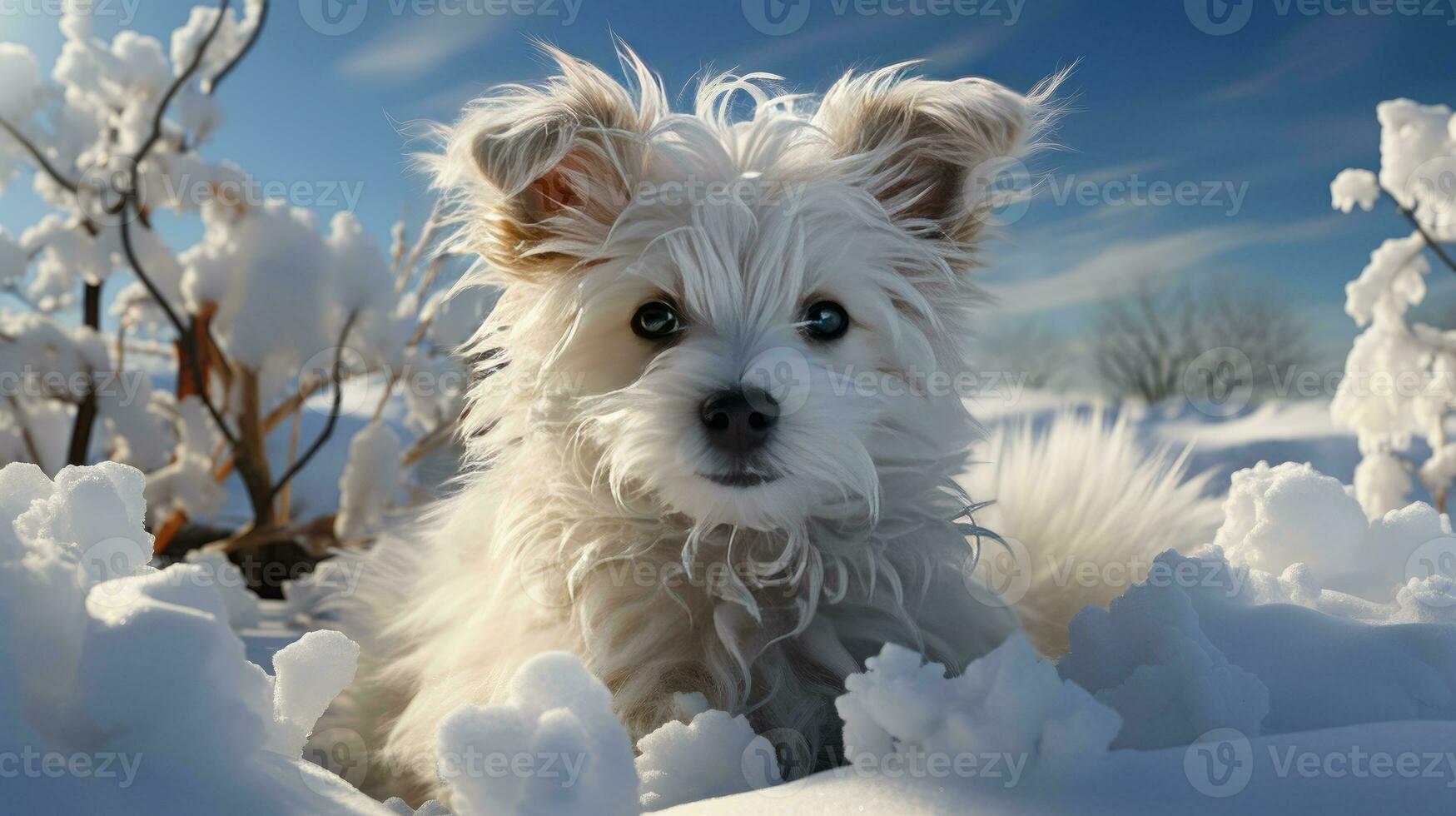 ai generiert flauschige Weiß Hündchen genießt ein schneebedeckt Winter Landschaft foto