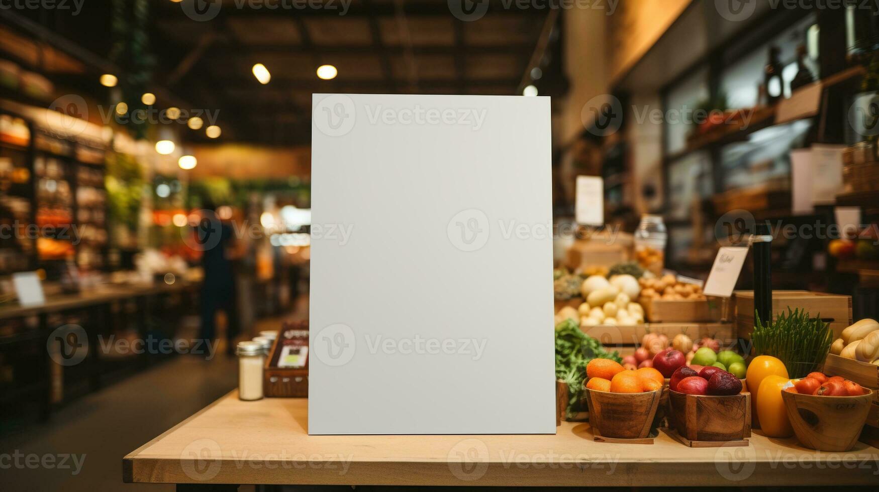 ai generiert generativ ai, Poster oder Schild spotten oben zum Logo Design, Marke Präsentation auf verschwommen Essen Markt Hintergrund foto