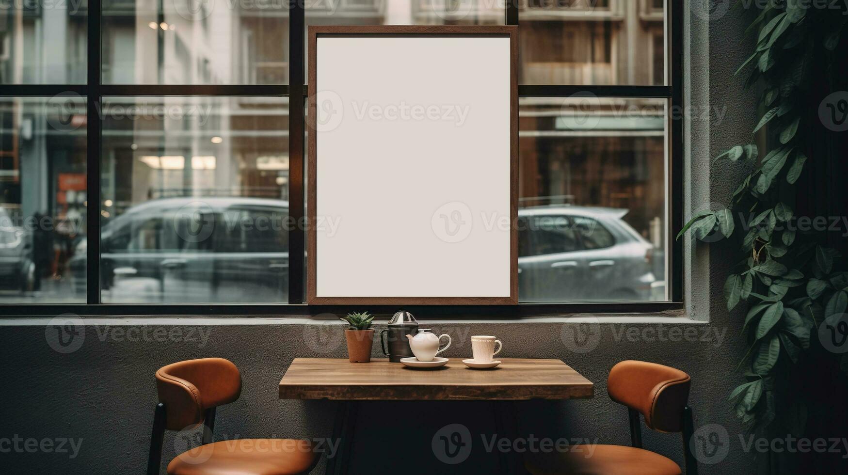 ai generiert generativ ai, Kaffee Geschäft Straße Poster oder Schild spotten oben zum Logo Design, Marke Präsentation, ästhetisch stumm geschaltet neutral Farben, auf das Mauer draussen foto
