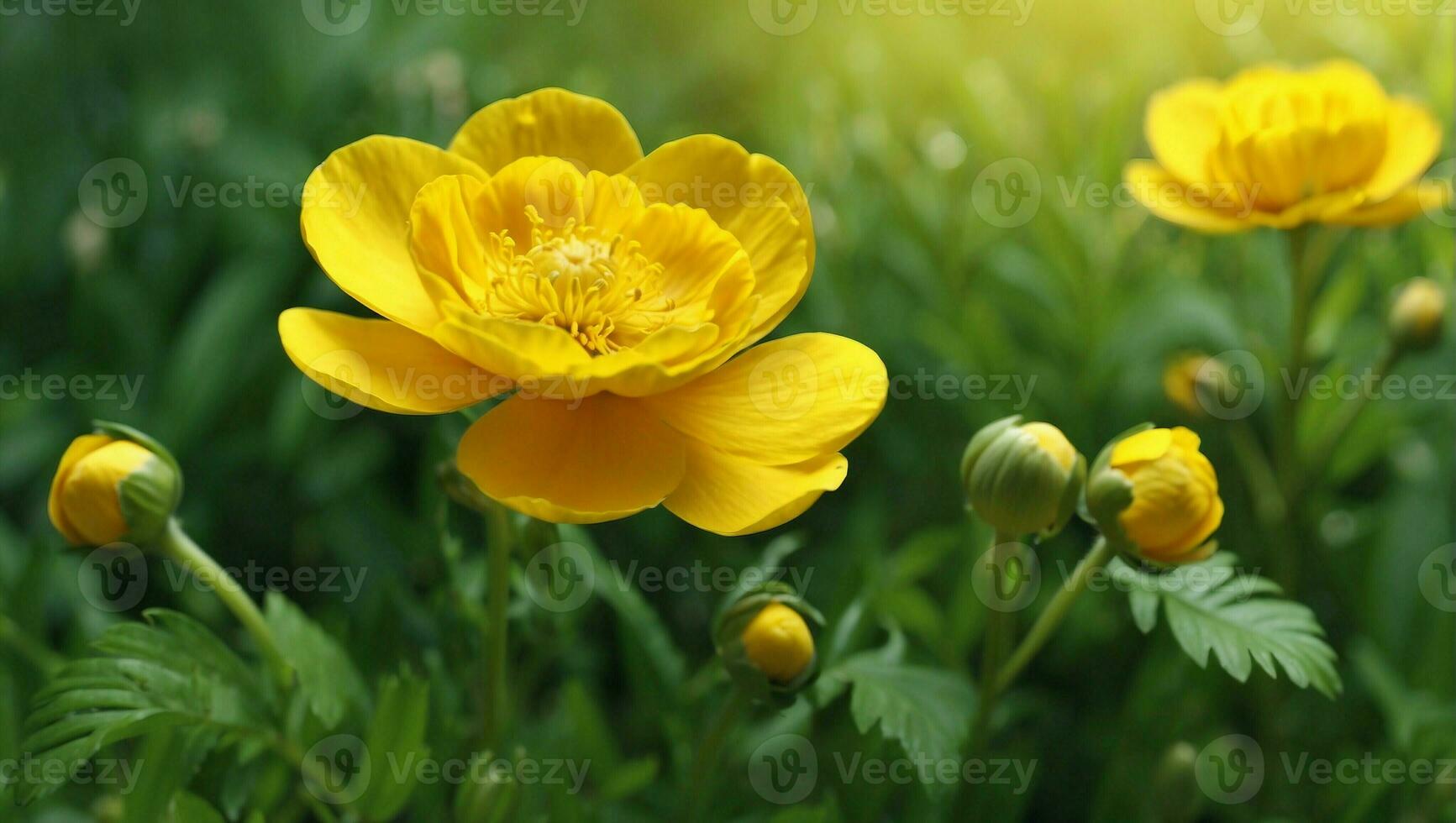 ai generiert beschwingt Gelb Blumen im ein Grün Garten mit Sonnenlicht foto