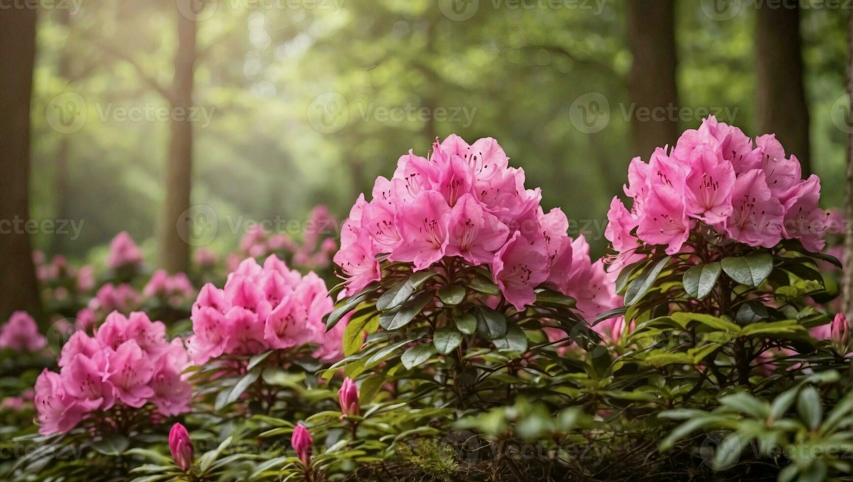 ai generiert ein Feld von Rosa Blumen im das Mitte von ein Wald foto