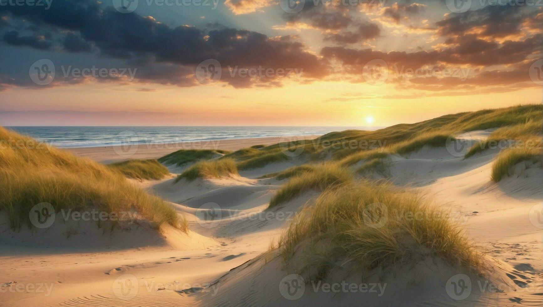 ai generiert Sonnenuntergang Strand und Sand Dünen foto