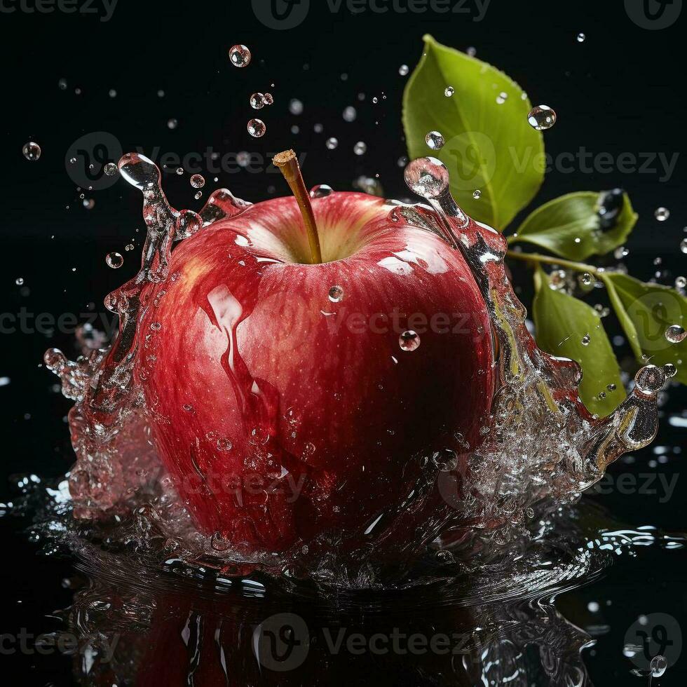 ai generiert Apfel fiel in das Wasser mit spritzt schwarz Hintergrund foto