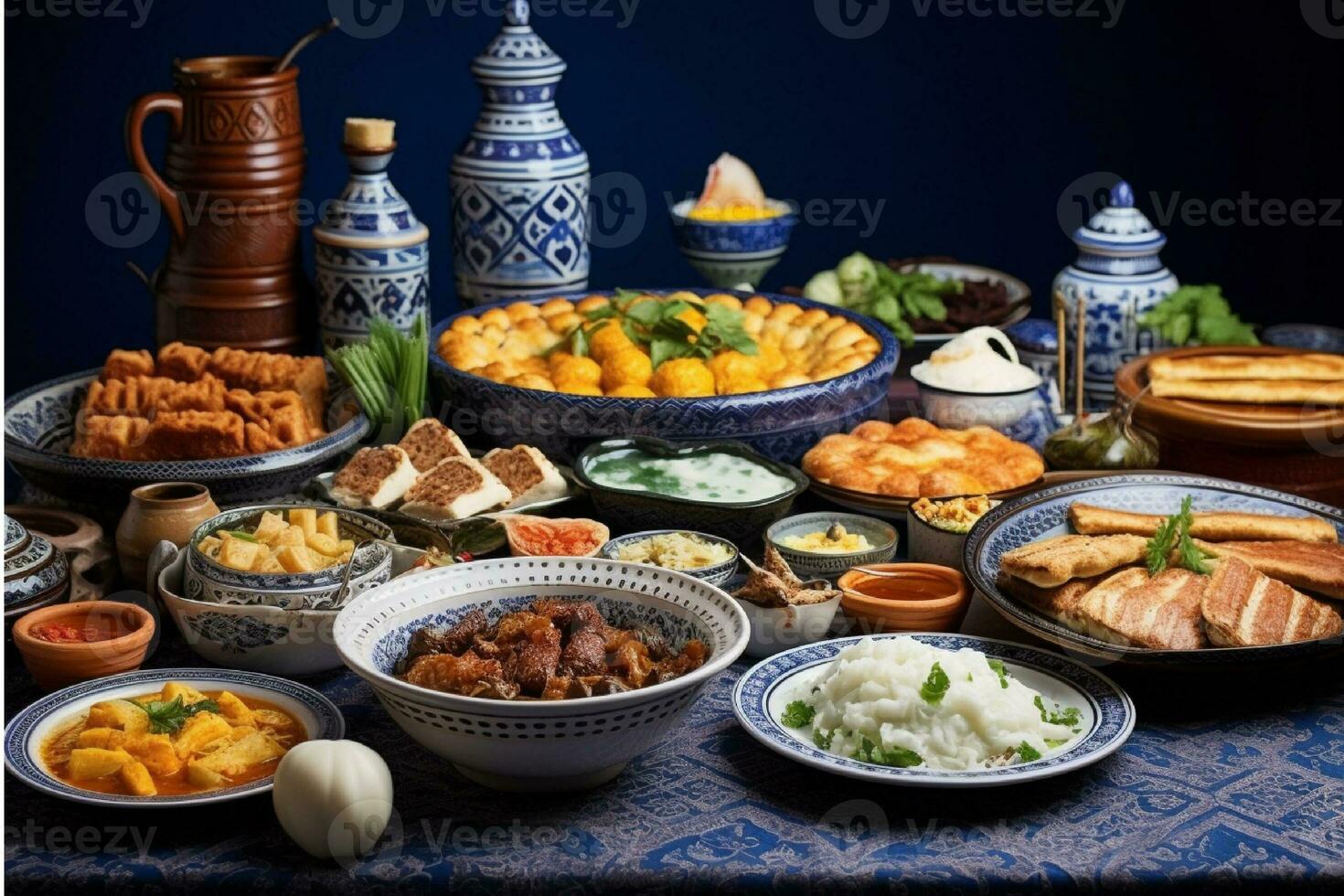 ai generiert traditionell orientalisch Geschirr mit Fleisch Gemüse und Gewürze auf das Tabelle foto