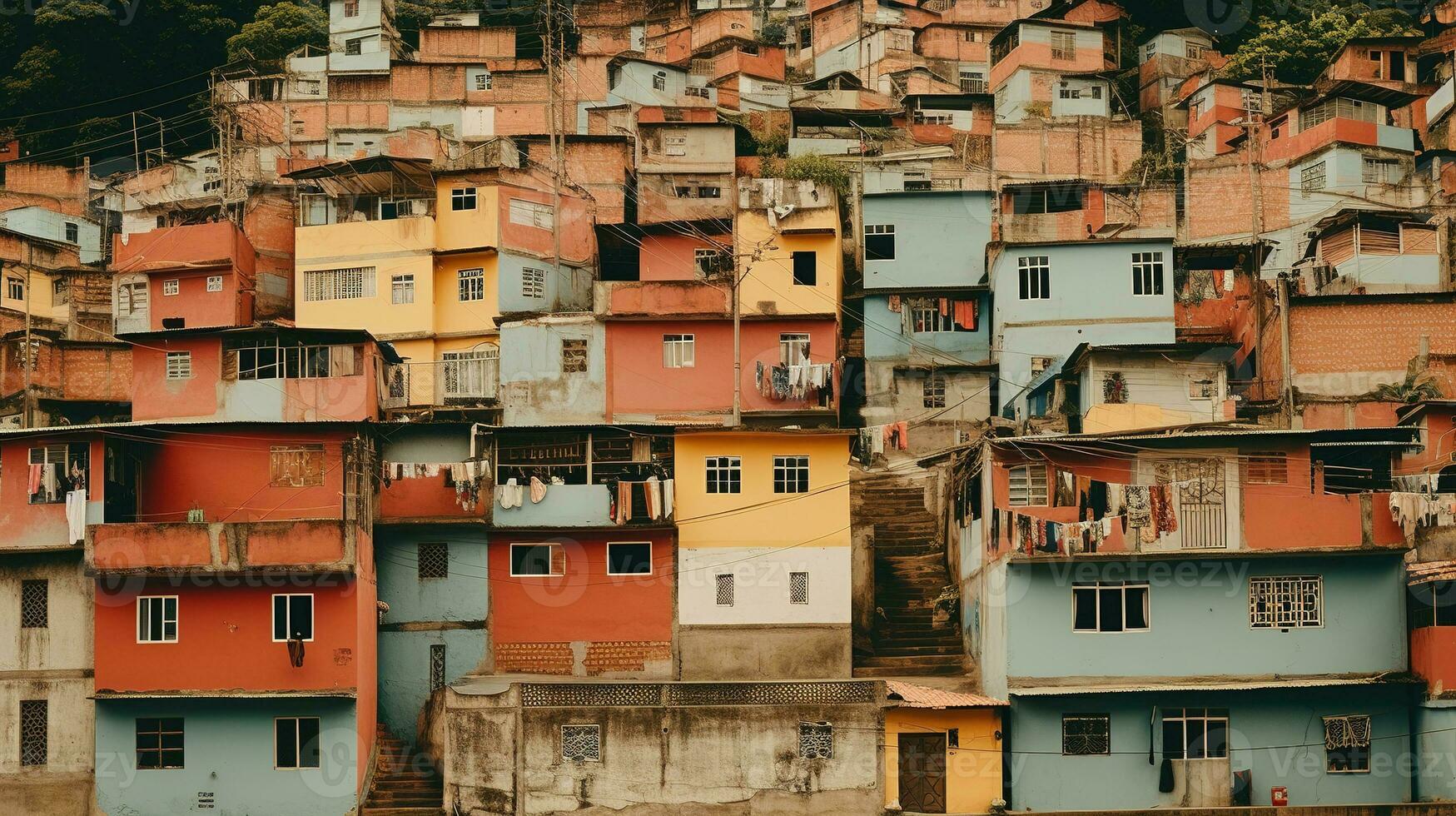 ai generiert generativ ai, Brasilianer Favelas Gemeinschaft, Panorama- Aussicht mit viele Häuser, städtisch Stadt, Dorf Arm Haus Gebäude foto