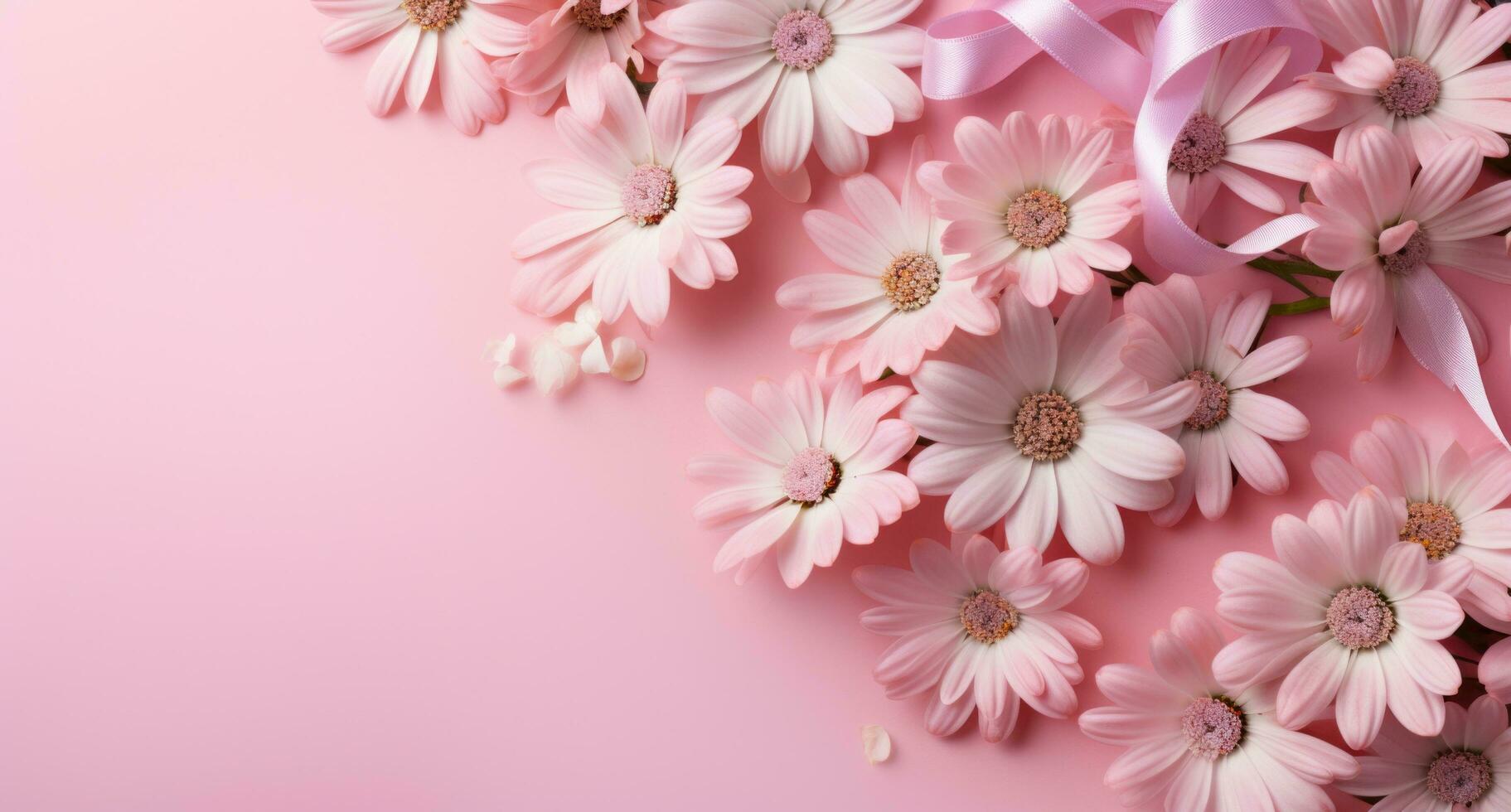 ai generiert Rosa Band und Rosa Gänseblümchen mit Weiß Blumen auf Rosa Hintergrund foto