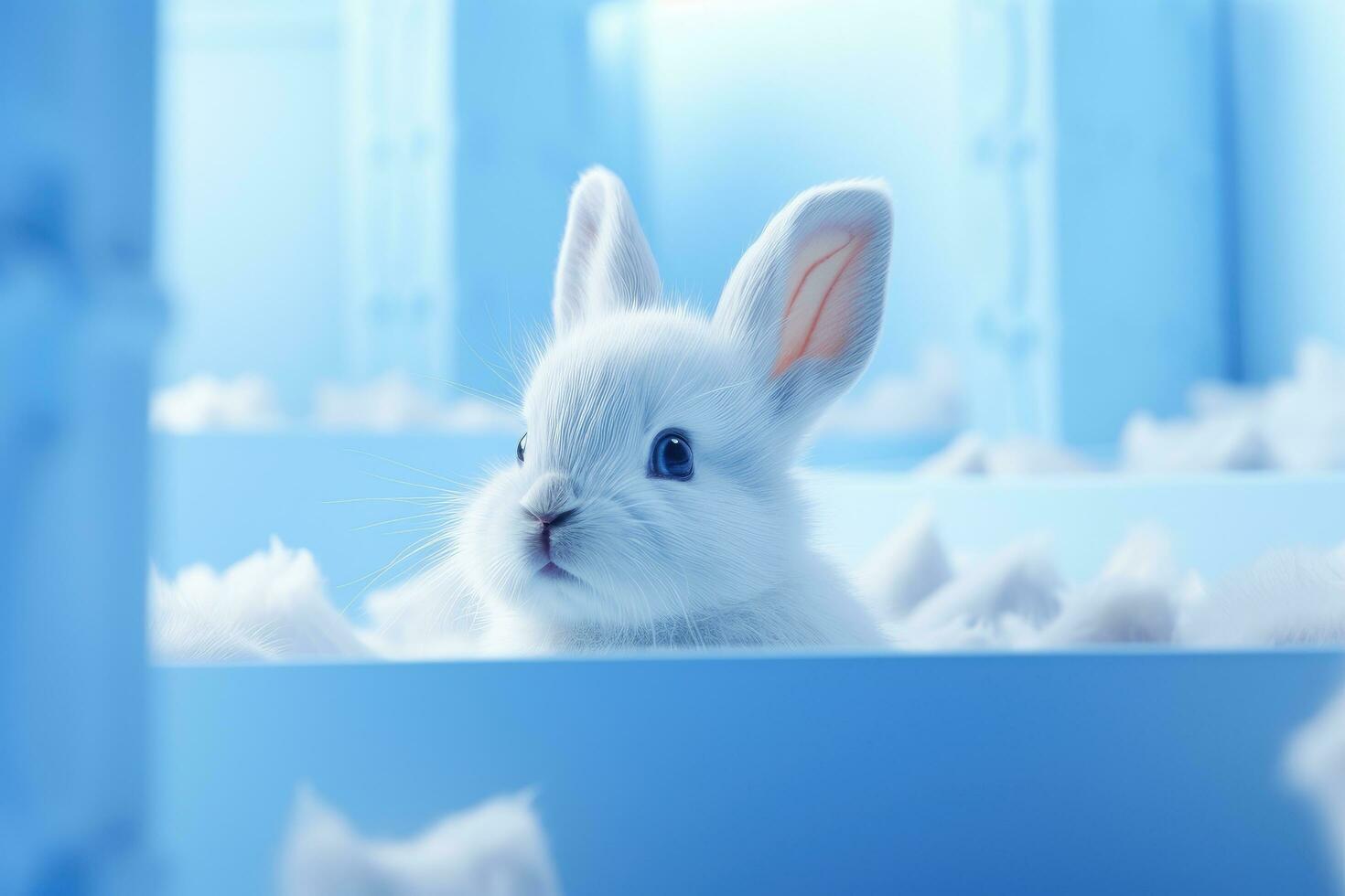 ai generiert ein Weiß Hase ist suchen Über das Box von Blau hinter ihm foto