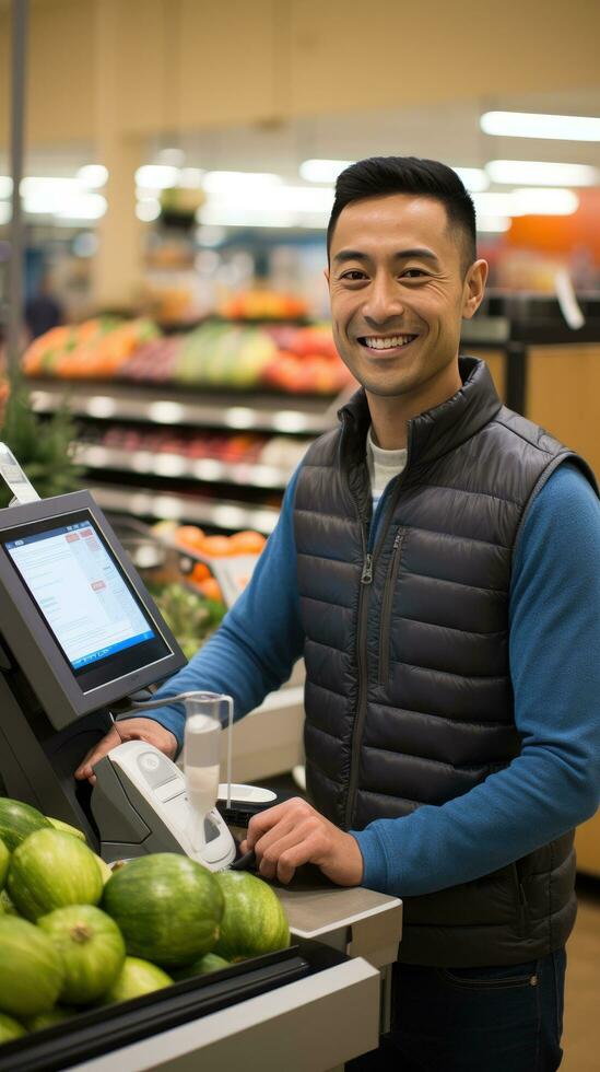 ai generiert ein Mann halten seine Telefon oben zu ein Karte Leser, bezahlen zum Lebensmittel beim ein Self-Checkout Kiosk foto