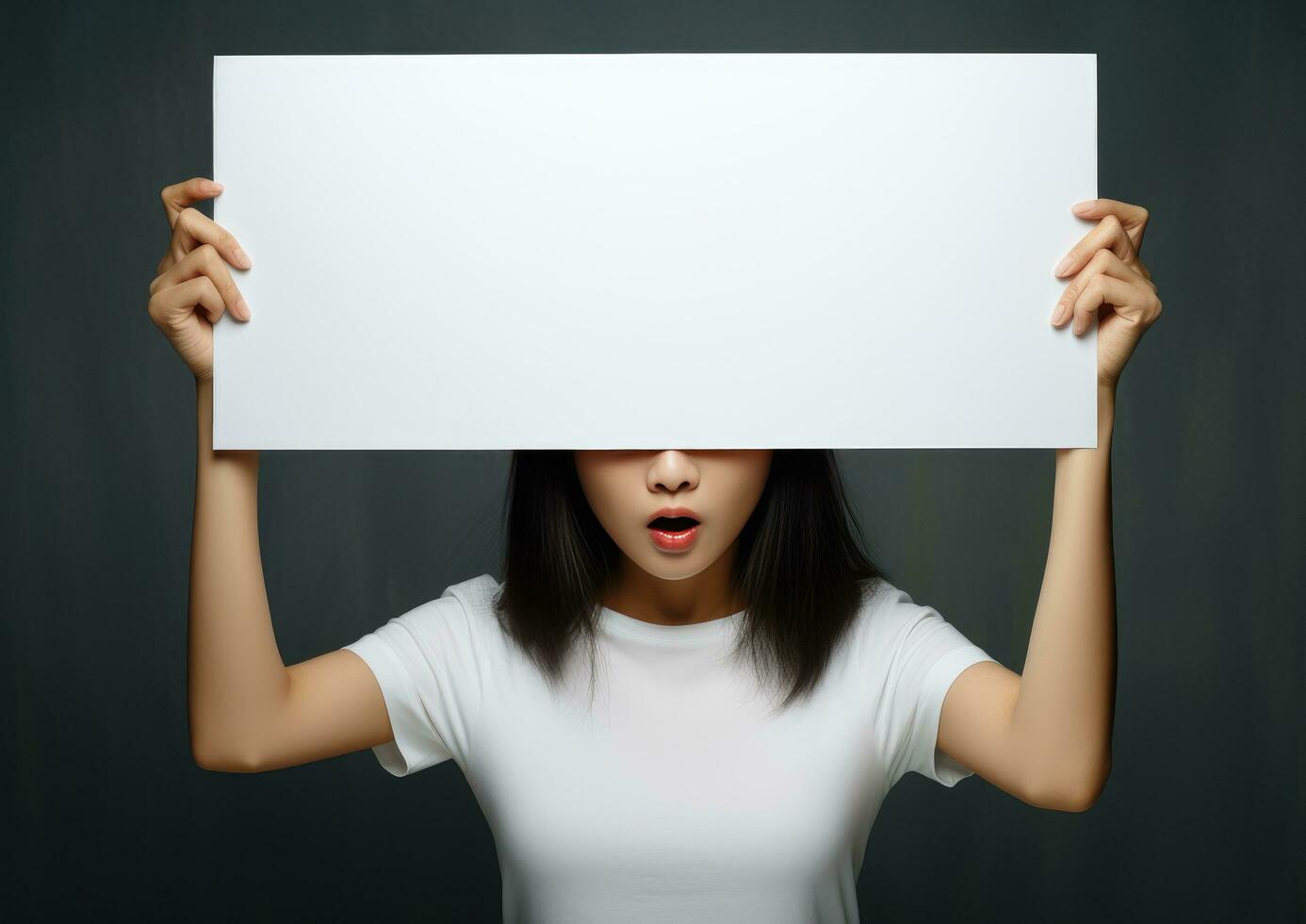 ai generiert ein asiatisch Frau Abdeckung ein öffnen Weiß leer Tafel foto