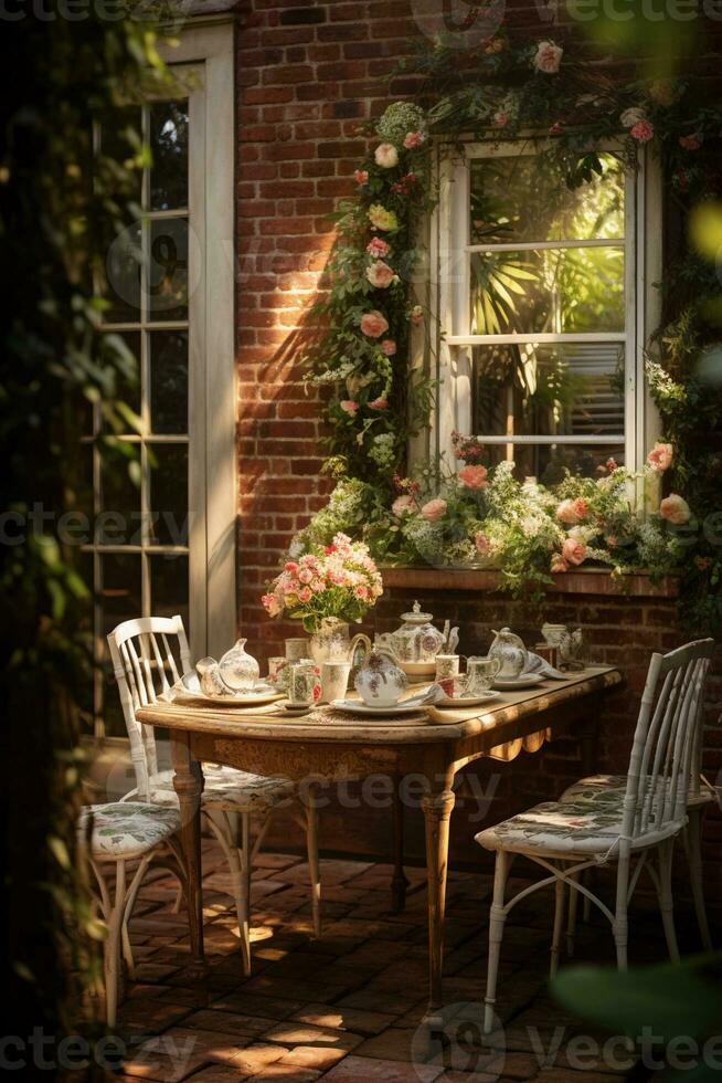 ai generiert Sommer- Aussicht von Grün Garten von Innerhalb Haus Fenster foto