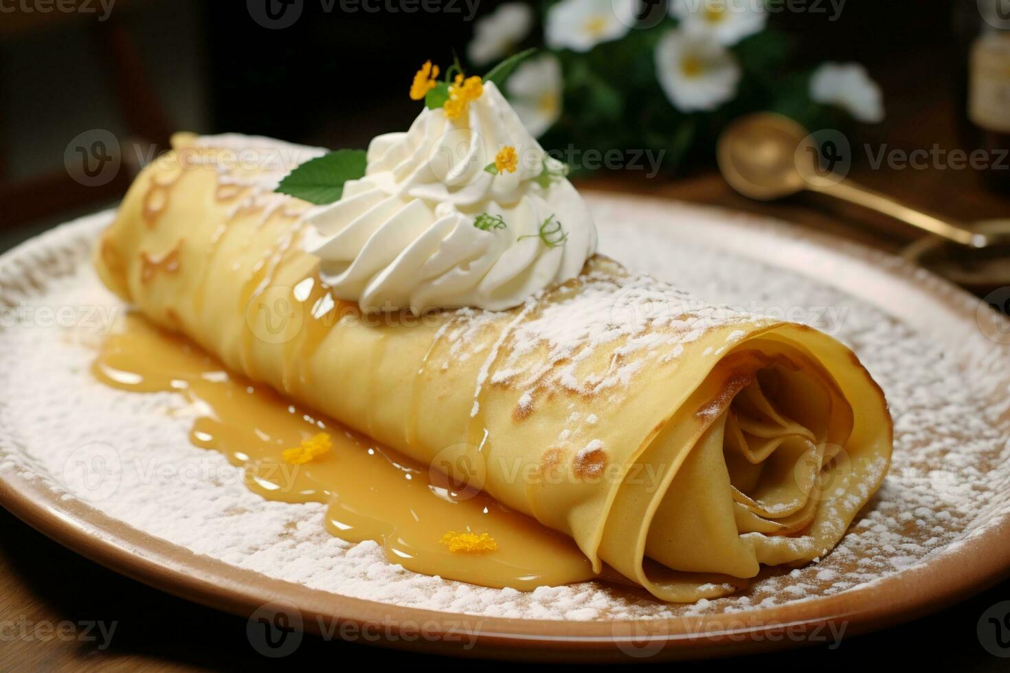 ai generiert Pfannkuchen mit Sahne im Teller foto