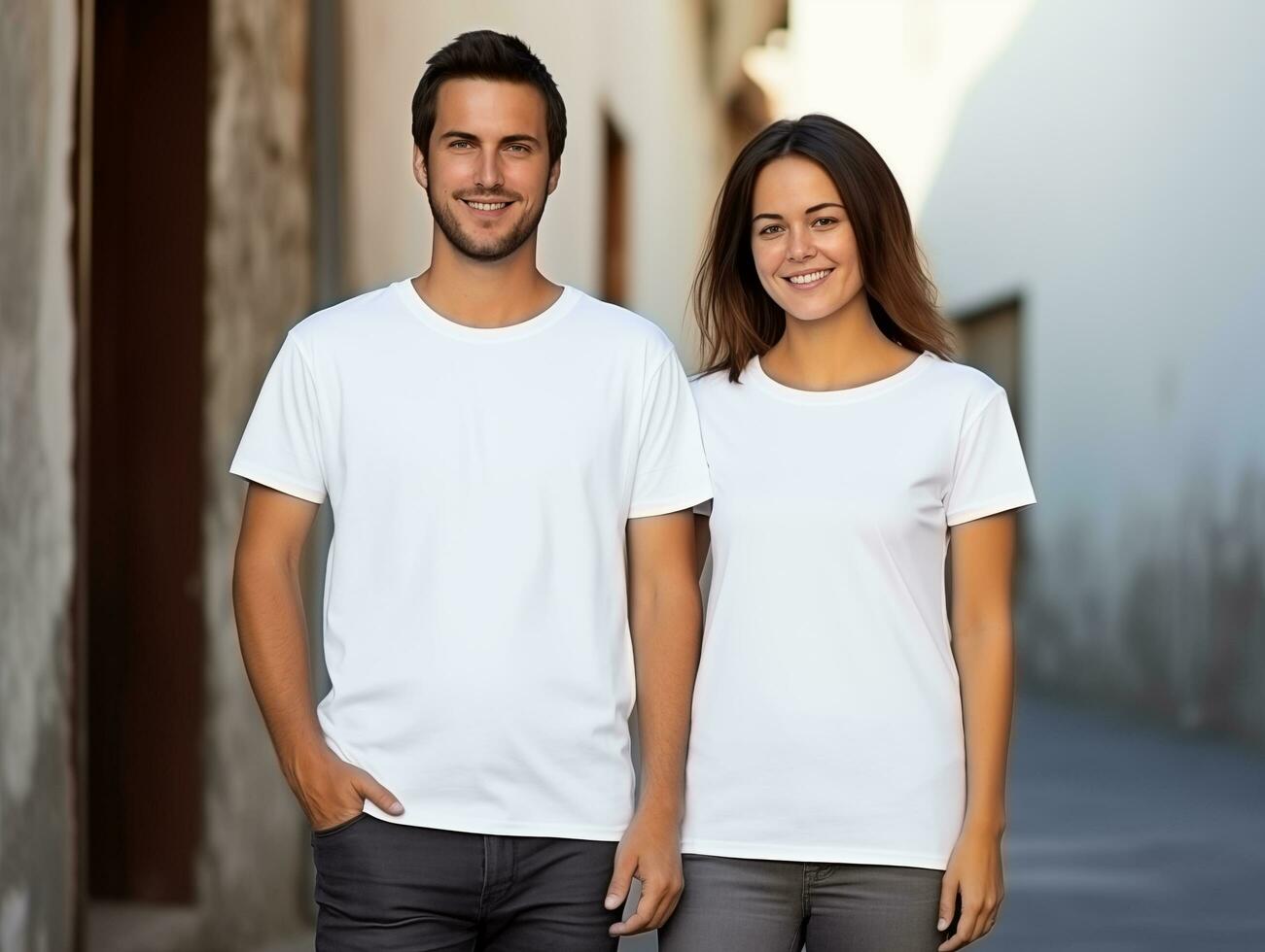 ai generiert ein Paar Freund und Freundin tragen leer Weiß passend T-Shirts Attrappe, Lehrmodell, Simulation zum Design Vorlage foto