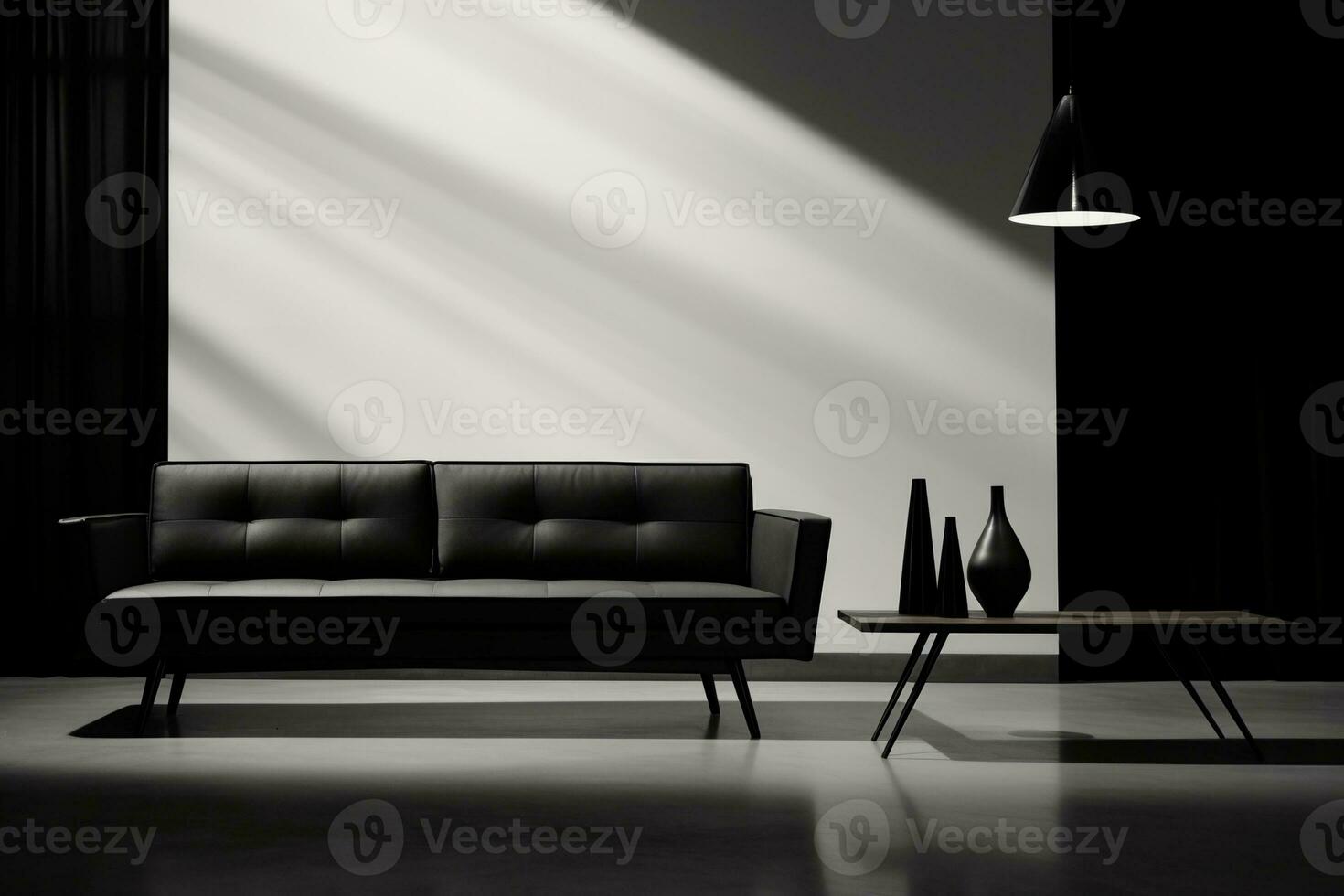 ai generiert ein schwarz Couch und Tabelle im ein öffnen Zimmer foto