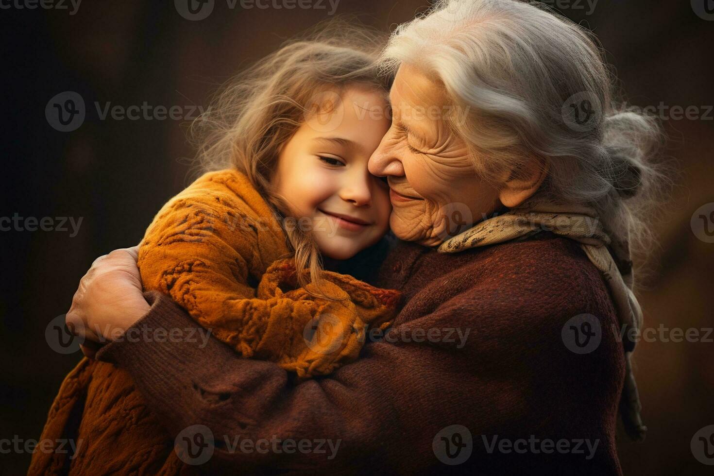 ai generiert glücklich alt Oma umarmen wenig Enkel foto
