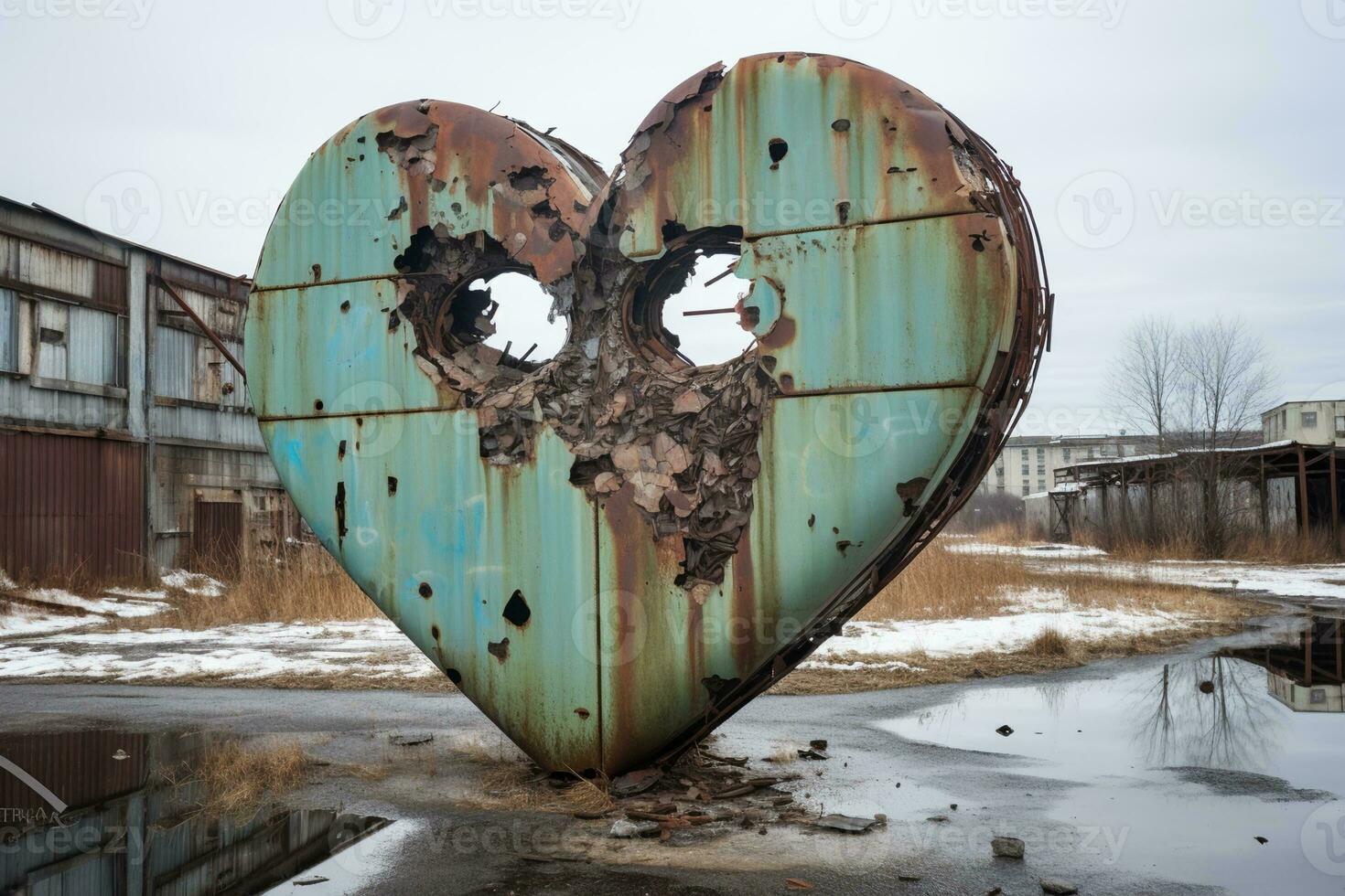 ai generiert ein groß Herz Skulptur im ein verlassen industriell Bereich. foto